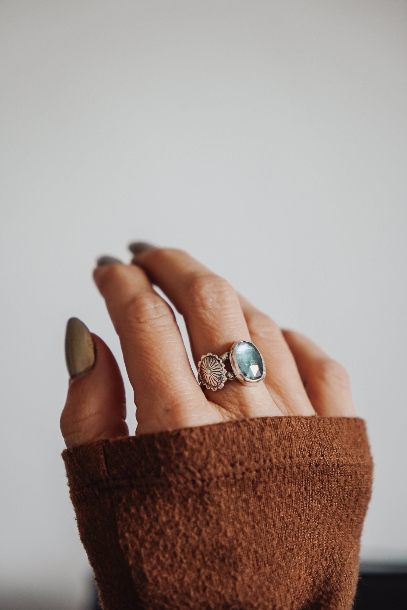 Fancy Concho Ring in Kyanite (Size 7.5) - Golden Road Crafted