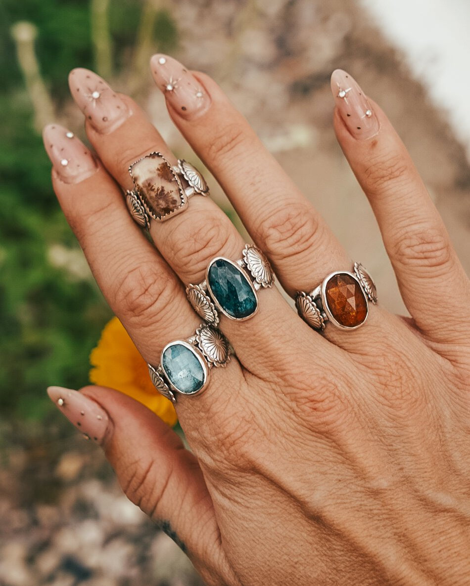 Fancy Concho Ring in Kyanite (Size 7.5) - Golden Road Crafted