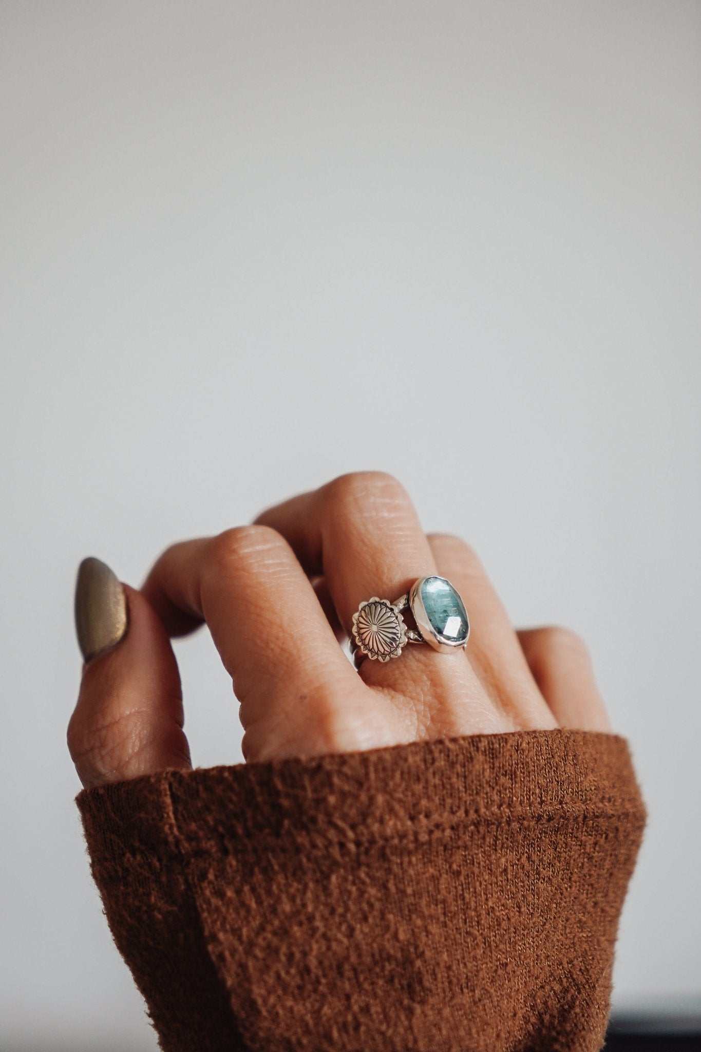 Fancy Concho Ring in Kyanite (Size 7.5) - Golden Road Crafted