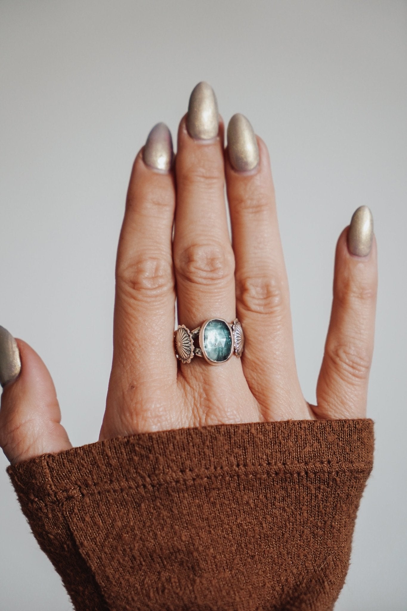 Fancy Concho Ring in Kyanite (Size 7.5) - Golden Road Crafted