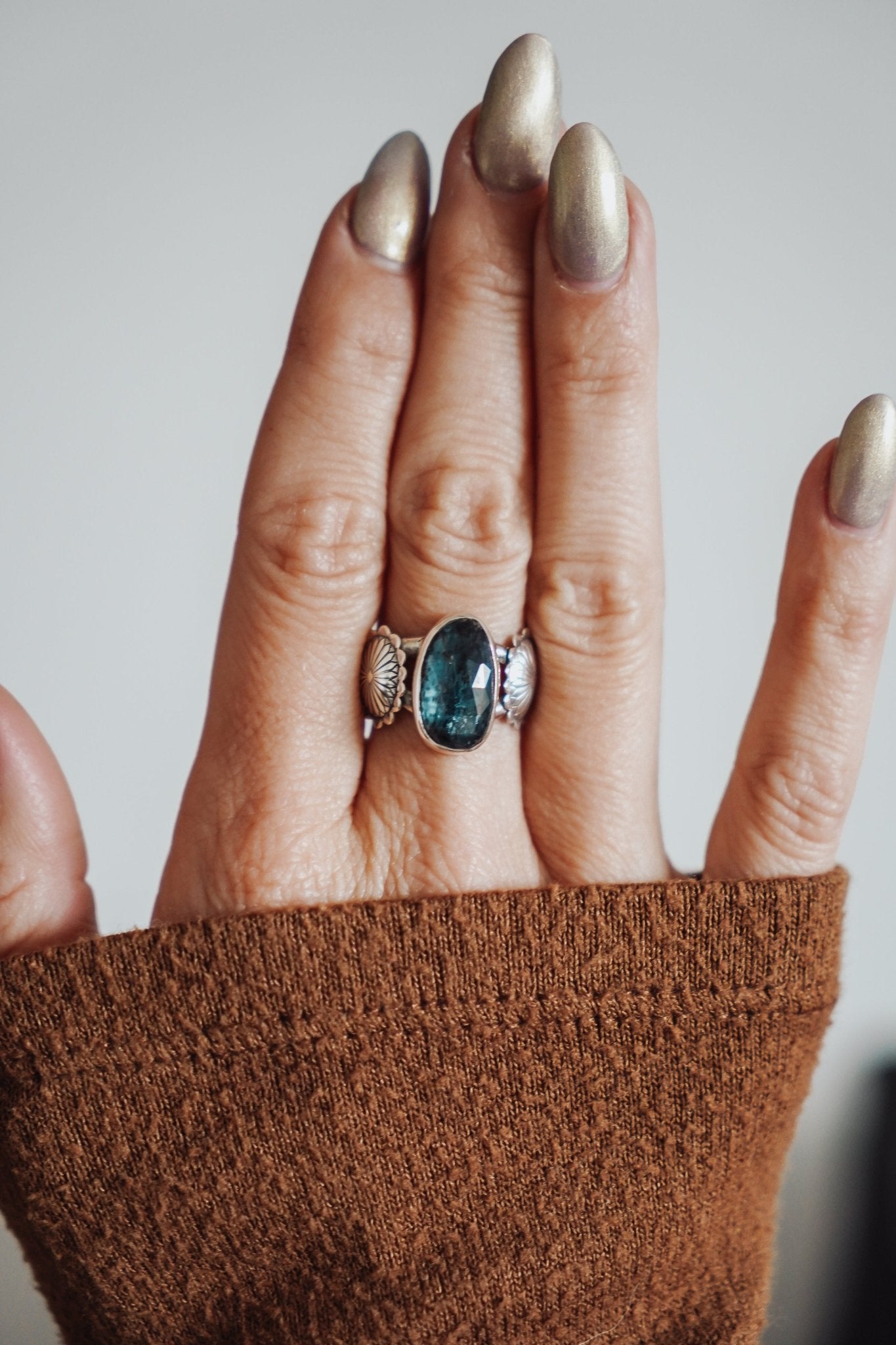 Fancy Concho Ring in Kyanite (Size 8.5) - Golden Road Crafted