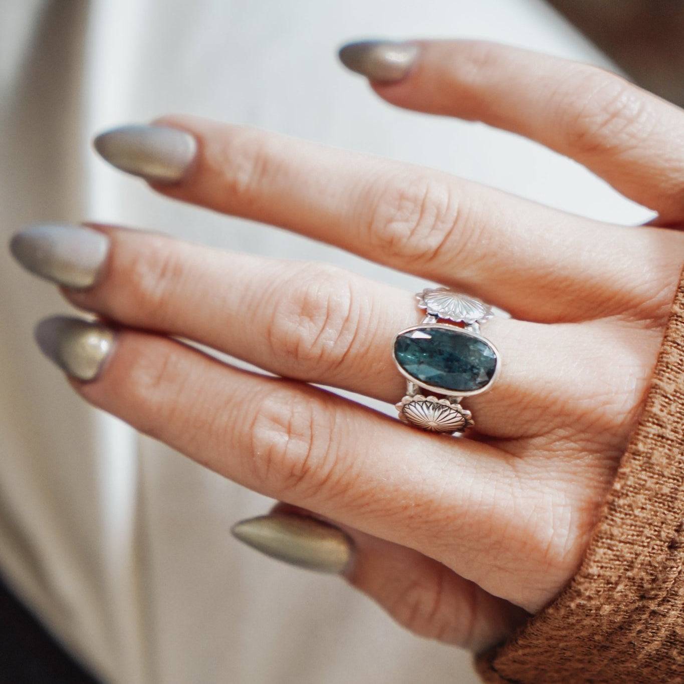 Fancy Concho Ring in Kyanite (Size 8.5) - Golden Road Crafted