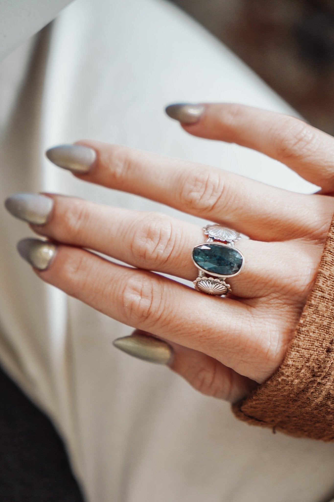 Fancy Concho Ring in Kyanite (Size 8.5) - Golden Road Crafted