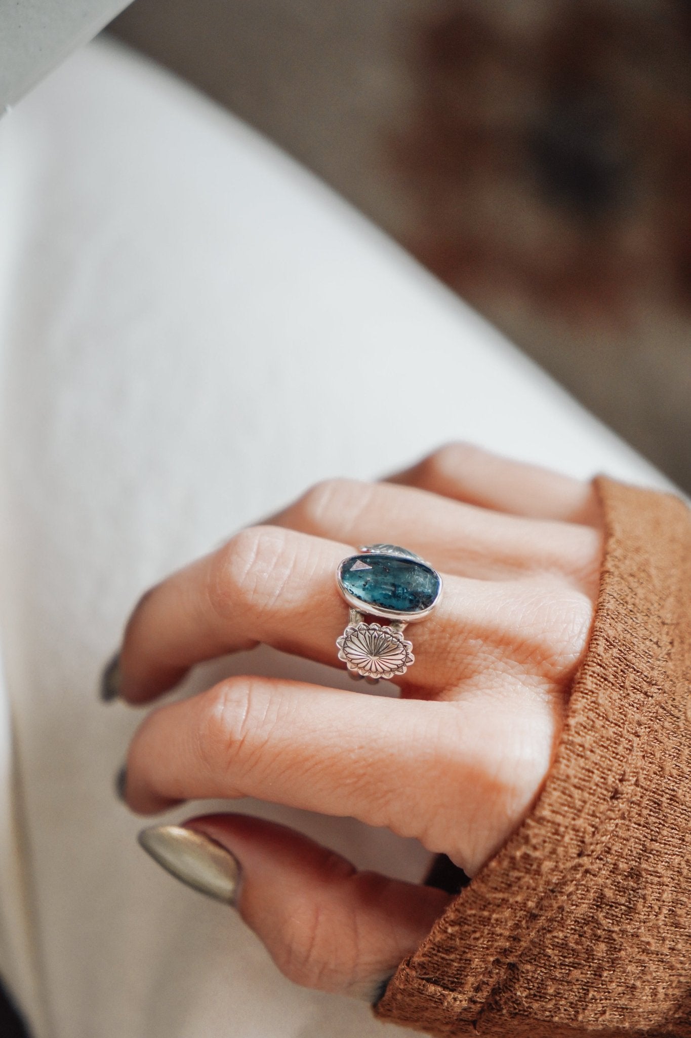 Fancy Concho Ring in Kyanite (Size 8.5) - Golden Road Crafted