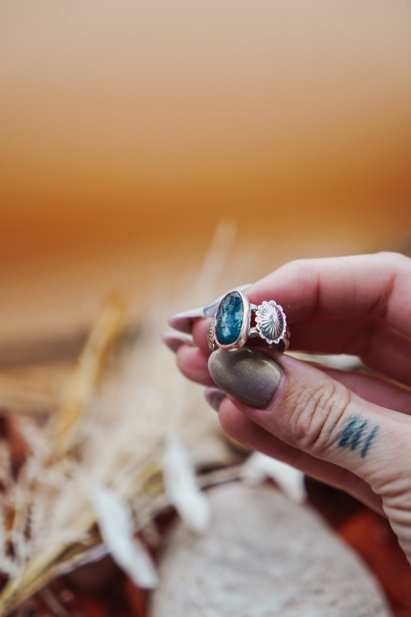 Fancy Concho Ring in Kyanite (Size 8.5) - Golden Road Crafted