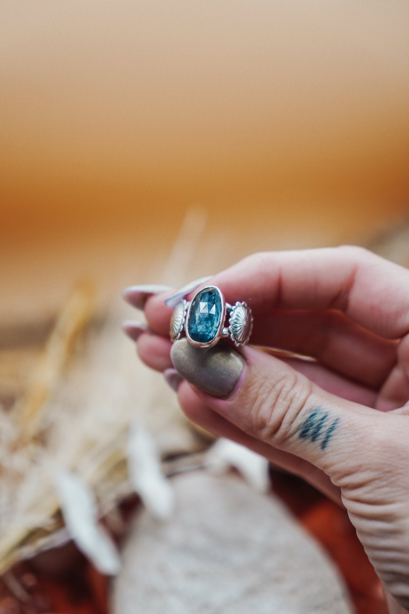 Fancy Concho Ring in Kyanite (Size 8.5) - Golden Road Crafted