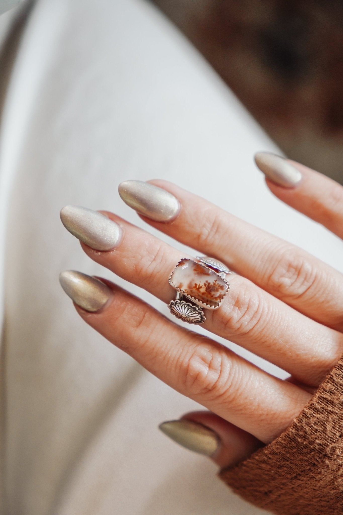 Fancy Concho Ring in Scenic Agate (Size 6) - Golden Road Crafted