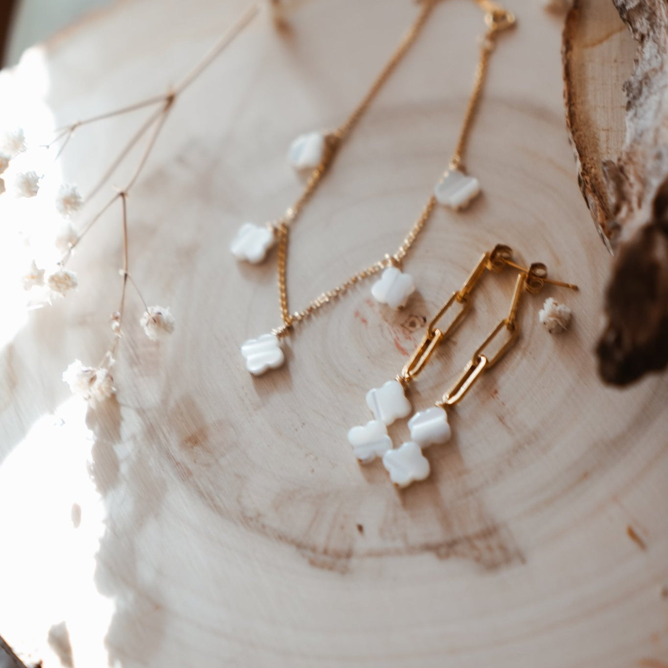 Gift Set: Mother of Pearl Earrings + Bracelet in 14k Gold - fill - Golden Road Crafted