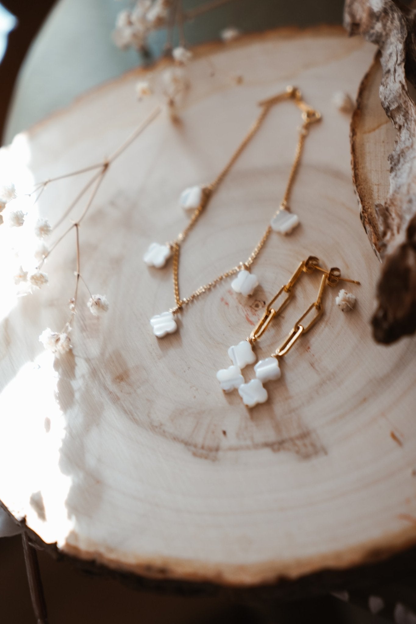 Gift Set: Mother of Pearl Earrings + Bracelet in 14k Gold - fill - Golden Road Crafted