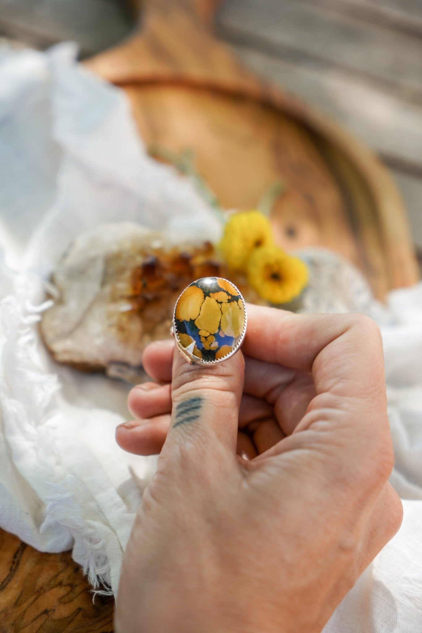 Giraffe Turquoise Ring with 14K Gold - Fill Star Prong (Size 9) - Golden Road Crafted