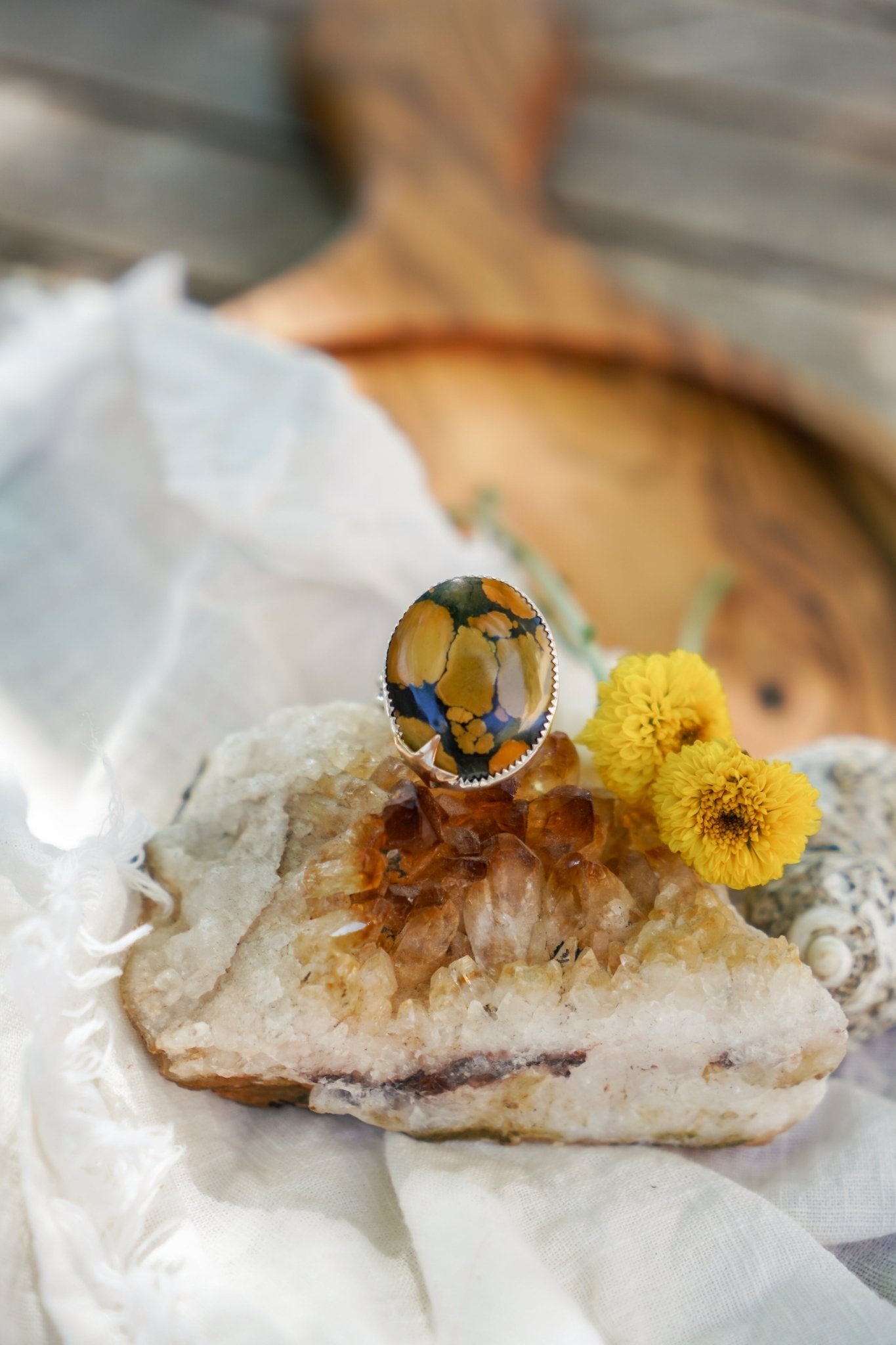 Giraffe Turquoise Ring with 14K Gold - Fill Star Prong (Size 9) - Golden Road Crafted