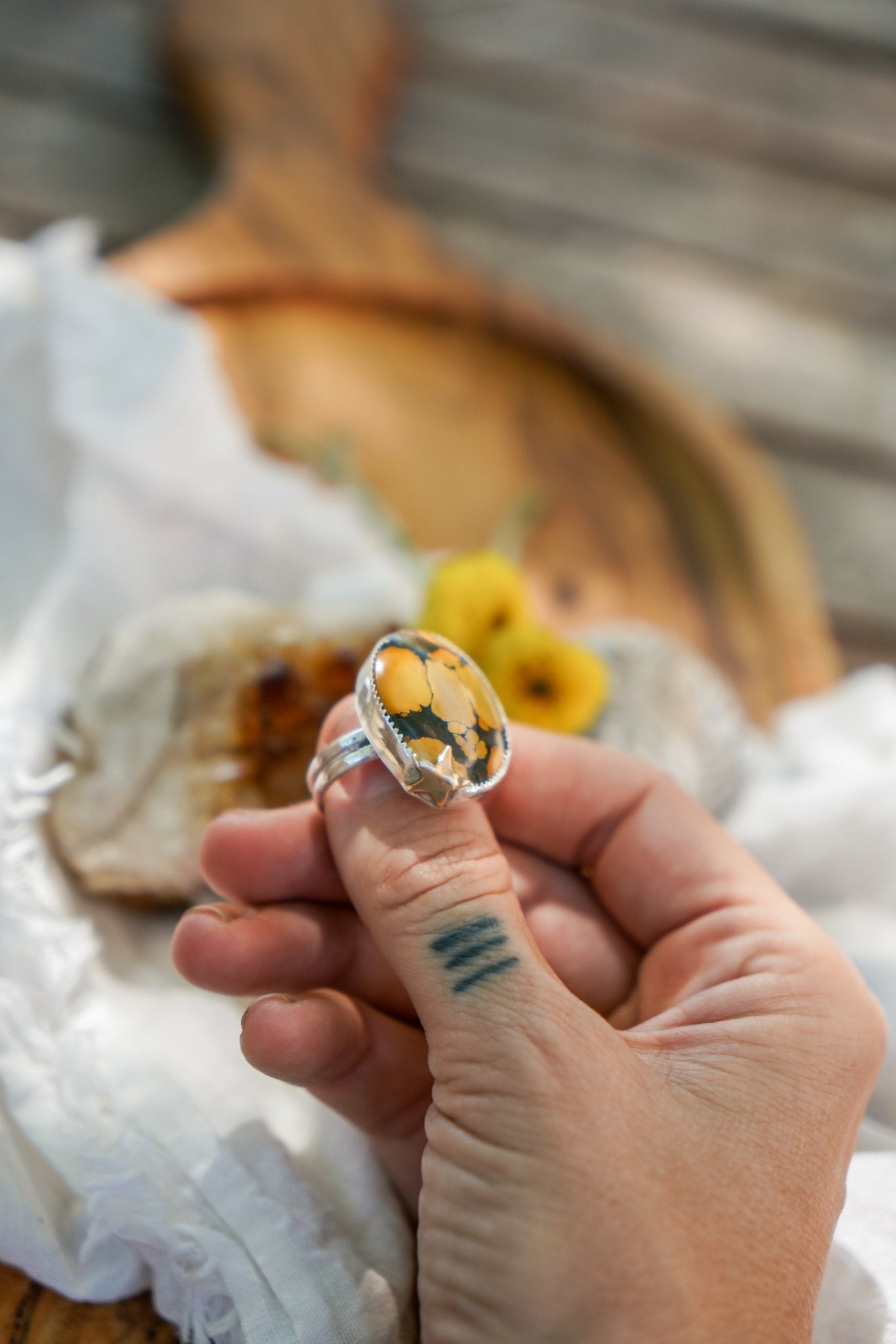 Giraffe Turquoise Ring with 14K Gold - Fill Star Prong (Size 9) - Golden Road Crafted