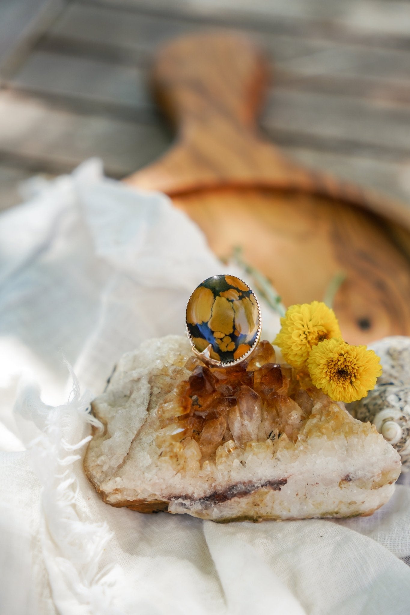 Giraffe Turquoise Ring with 14K Gold - Fill Star Prong (Size 9) - Golden Road Crafted