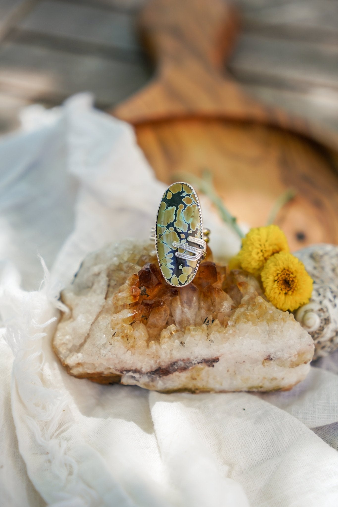 Giraffe Turquoise Ring with Sterling Silver Saguaro Prong (Size 8.75) - Golden Road Crafted