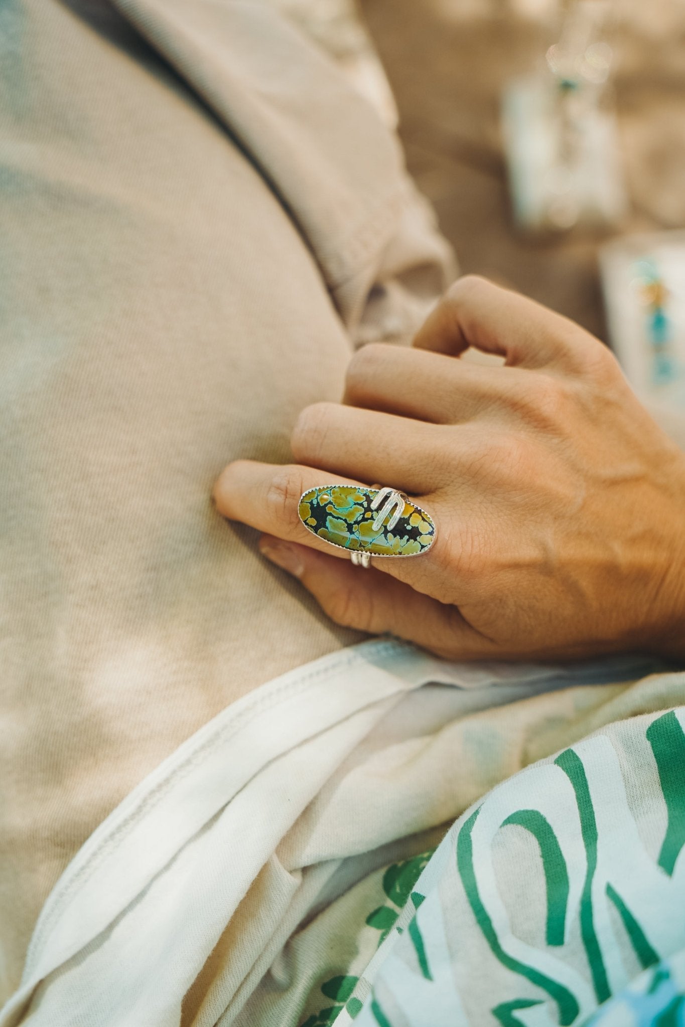 Giraffe Turquoise Ring with Sterling Silver Saguaro Prong (Size 8.75) - Golden Road Crafted
