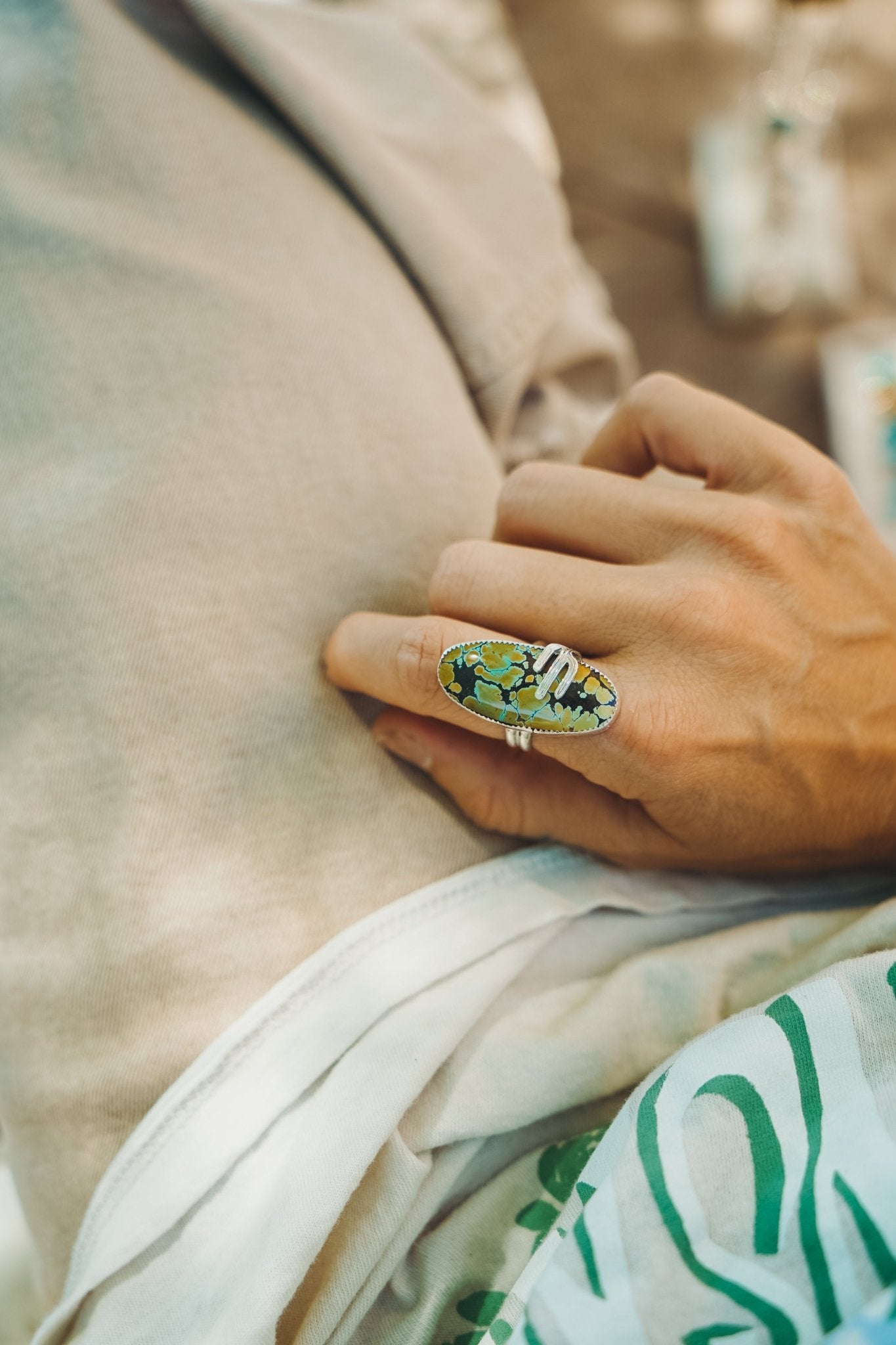 Giraffe Turquoise Ring with Sterling Silver Saguaro Prong (Size 8.75) - Golden Road Crafted