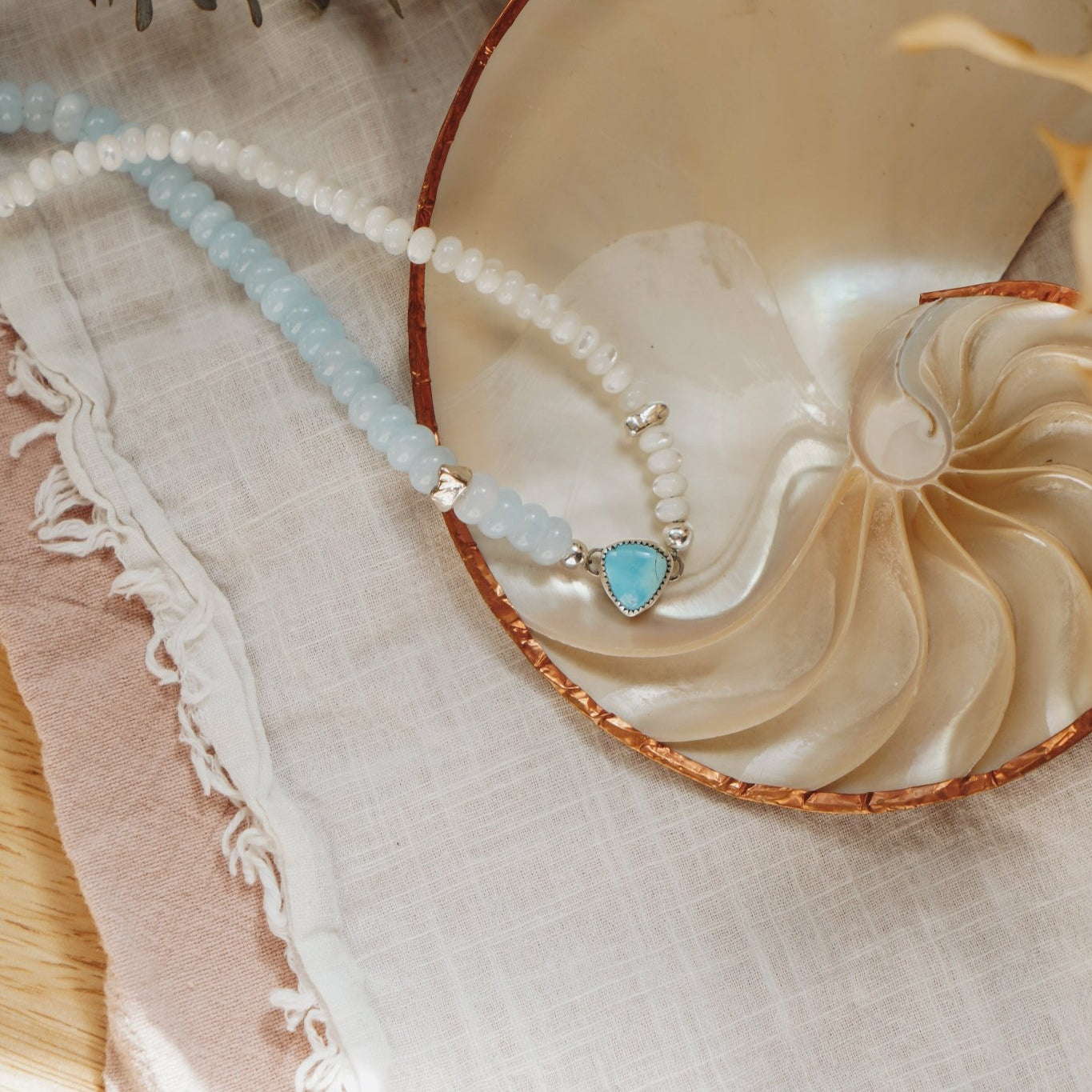 Golden Hills Choker w/ Pearl + Aquamarine Beads - Golden Road Crafted