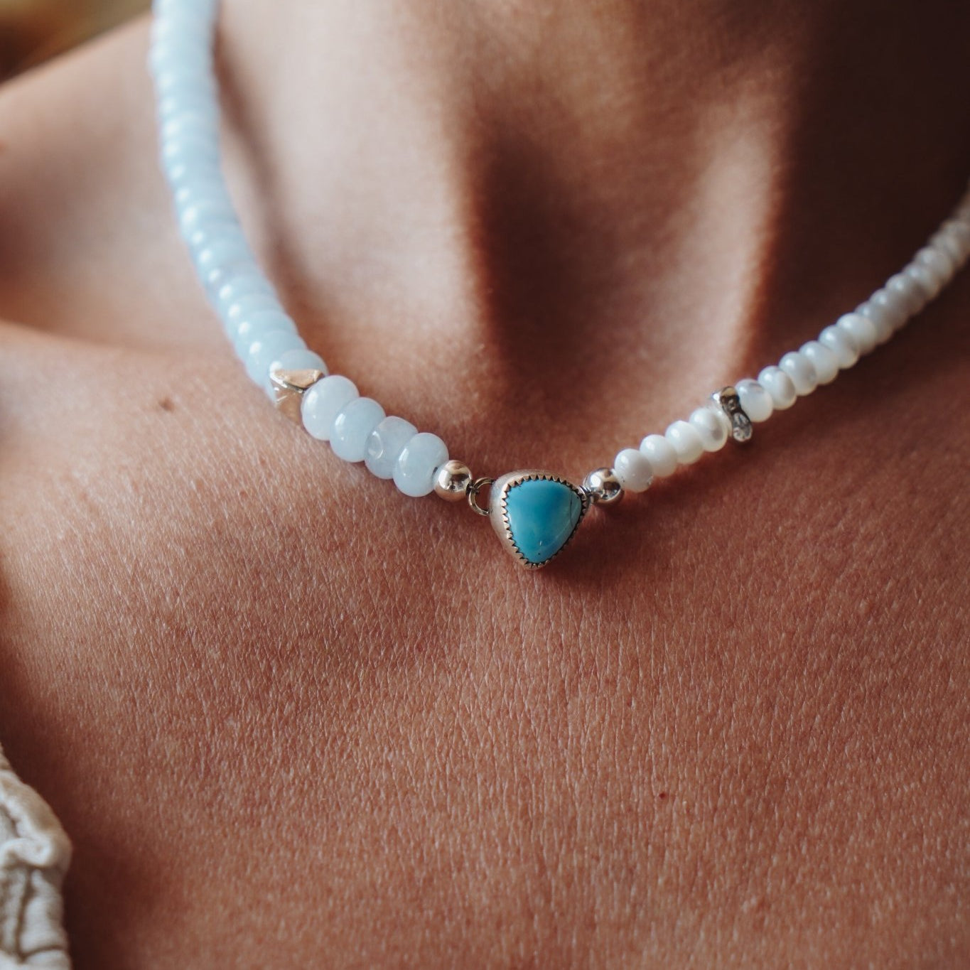 Golden Hills Choker w/ Pearl + Aquamarine Beads - Golden Road Crafted