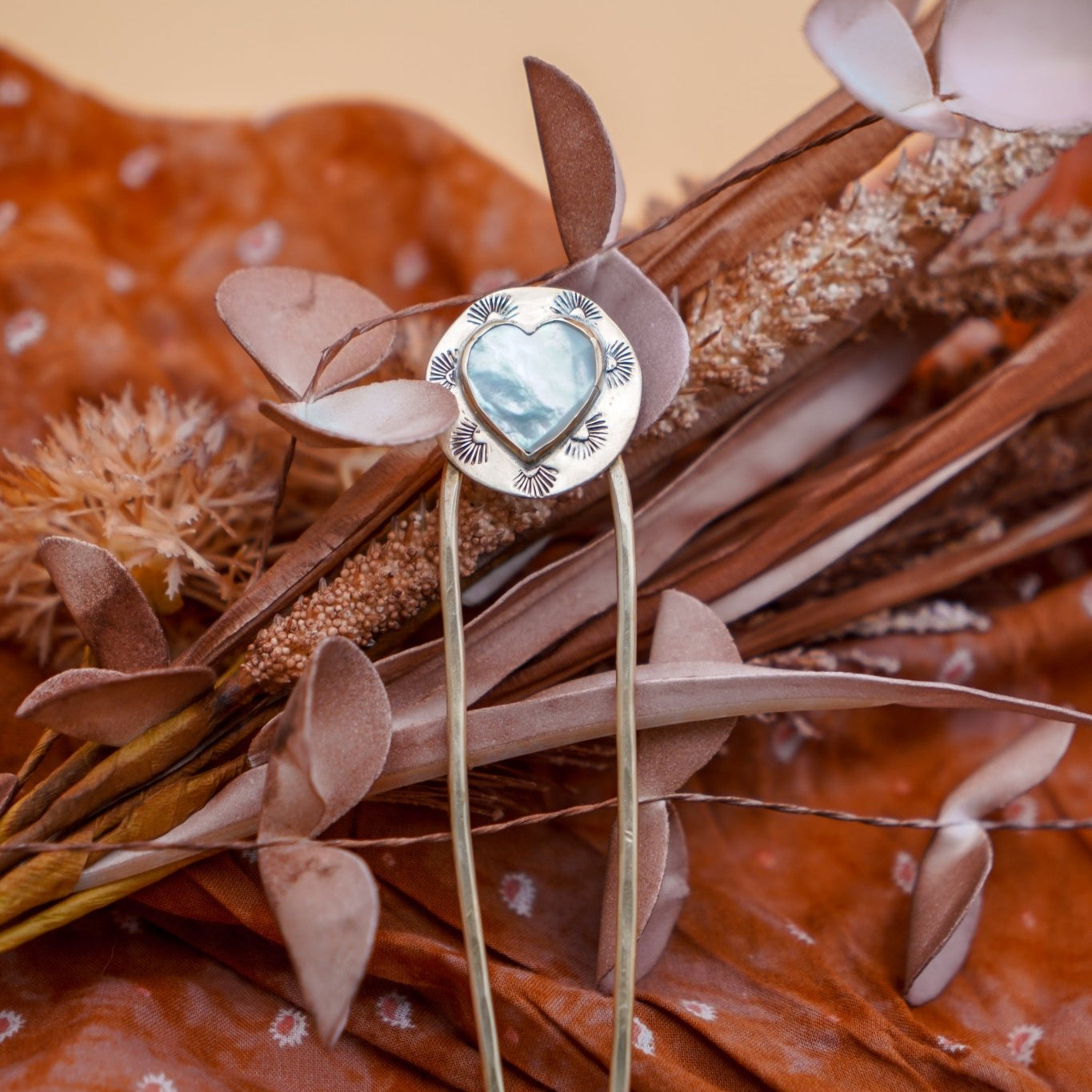 Hair Fork in Mother of Pearl Hearts - Golden Road Crafted