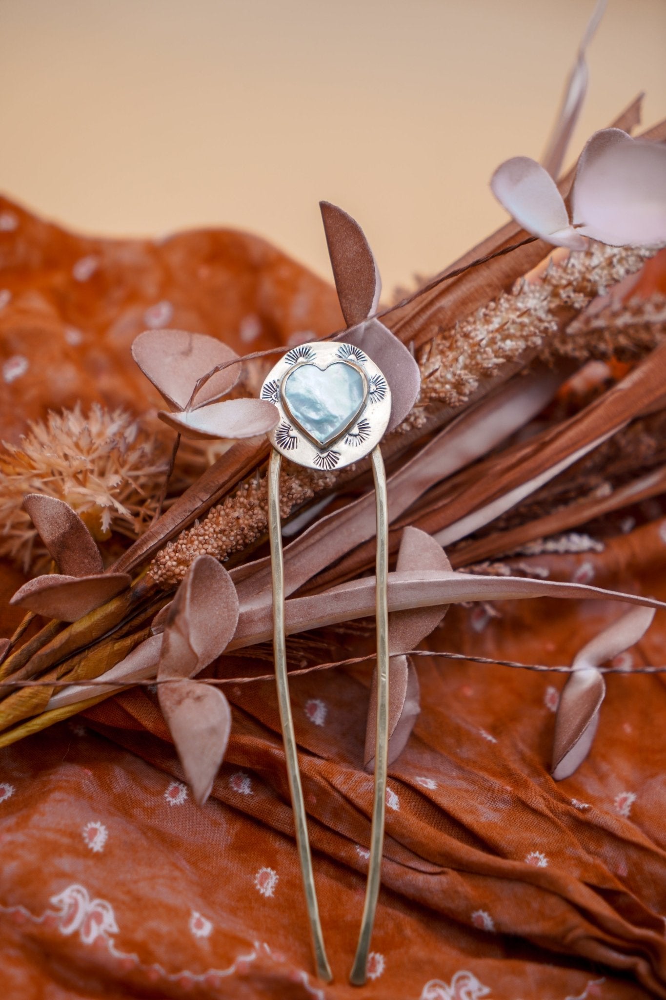 Hair Fork in Mother of Pearl Hearts - Golden Road Crafted