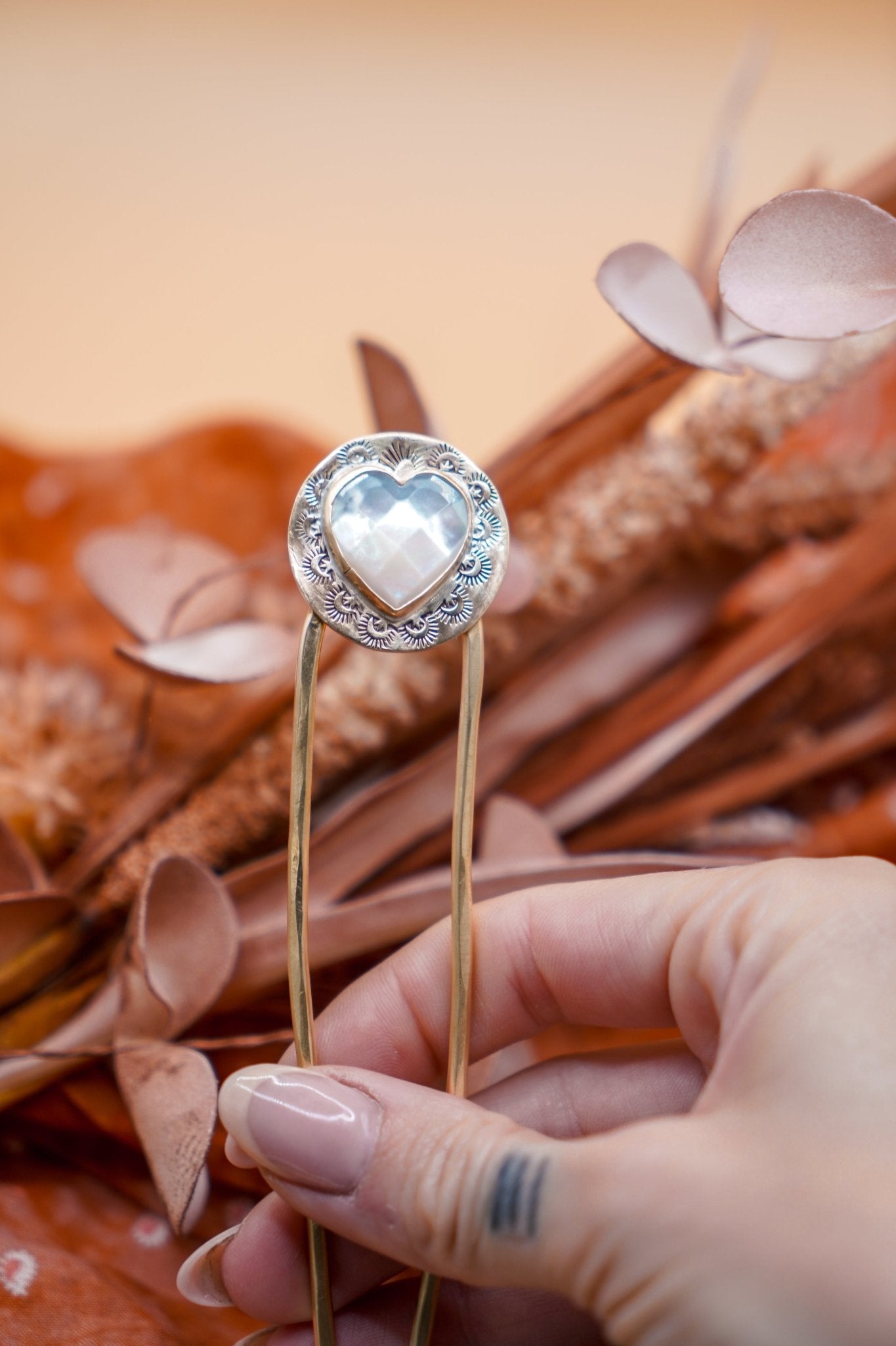 Hair Fork in Mother of Pearl Hearts - Golden Road Crafted