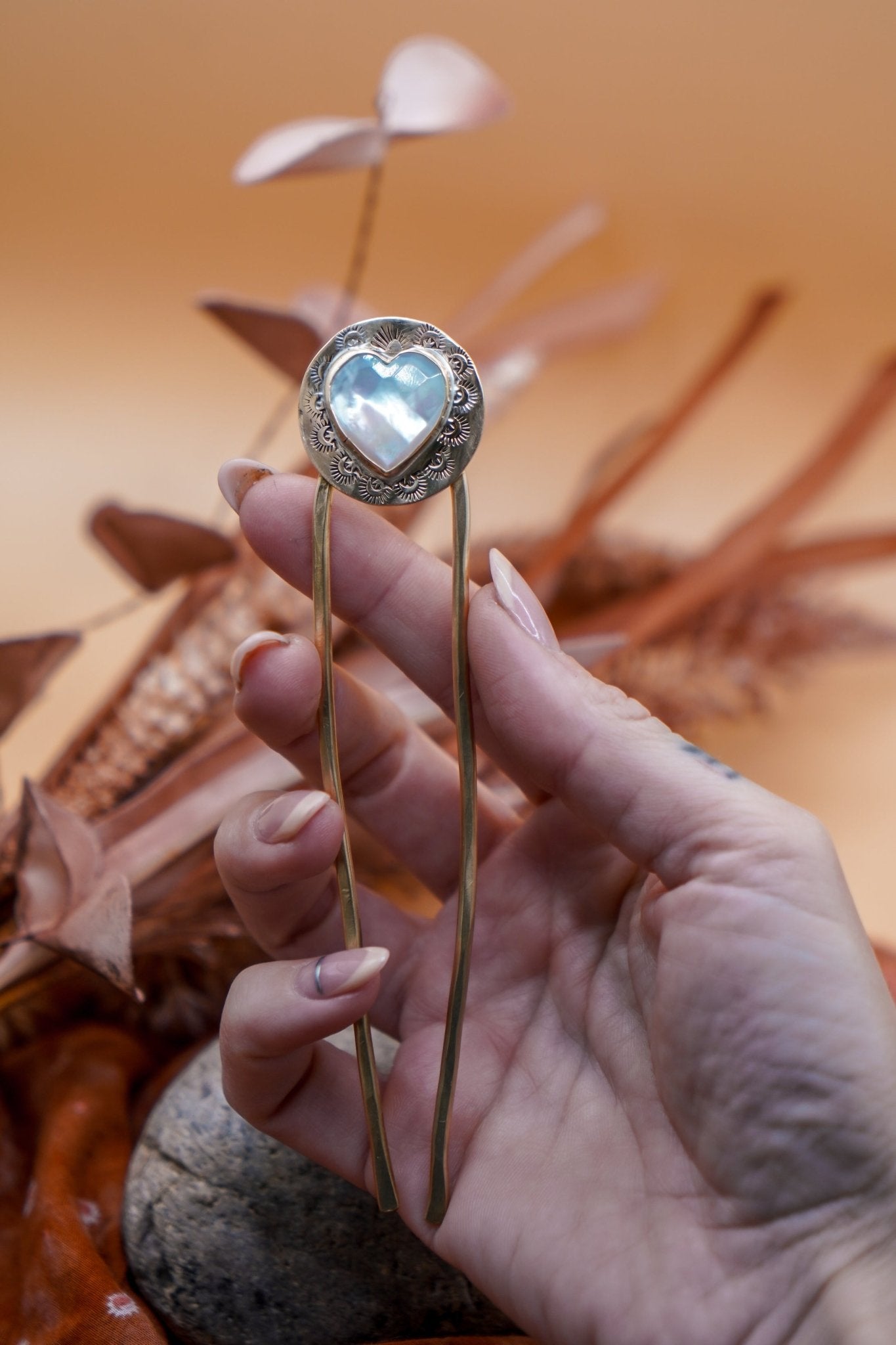 Hair Fork in Mother of Pearl Hearts - Golden Road Crafted