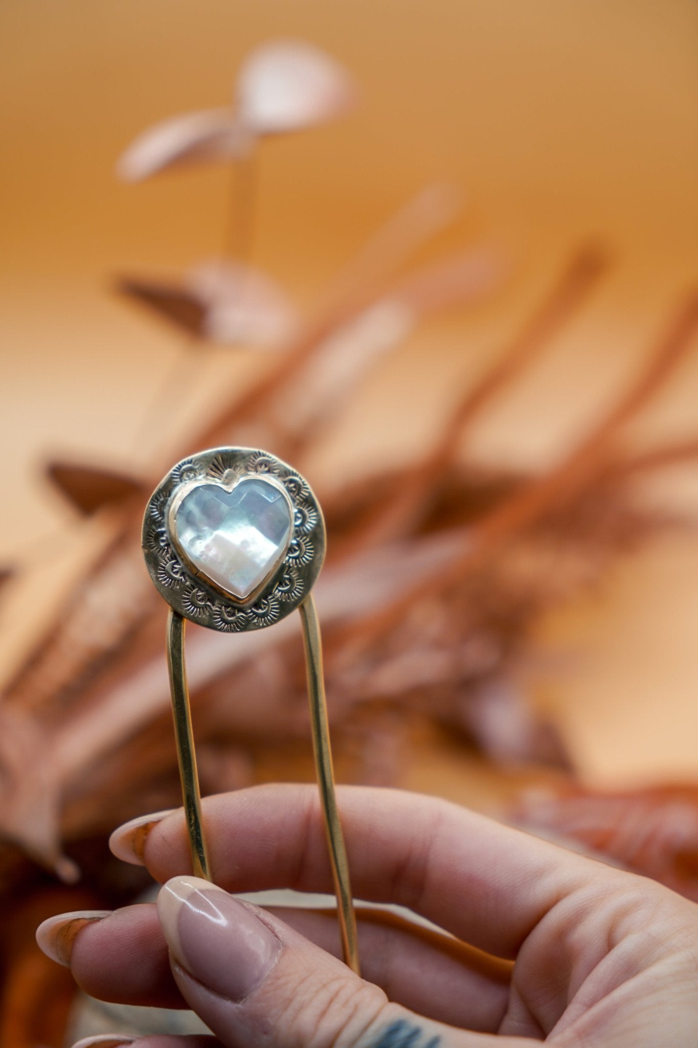 Hair Fork in Mother of Pearl Hearts - Golden Road Crafted