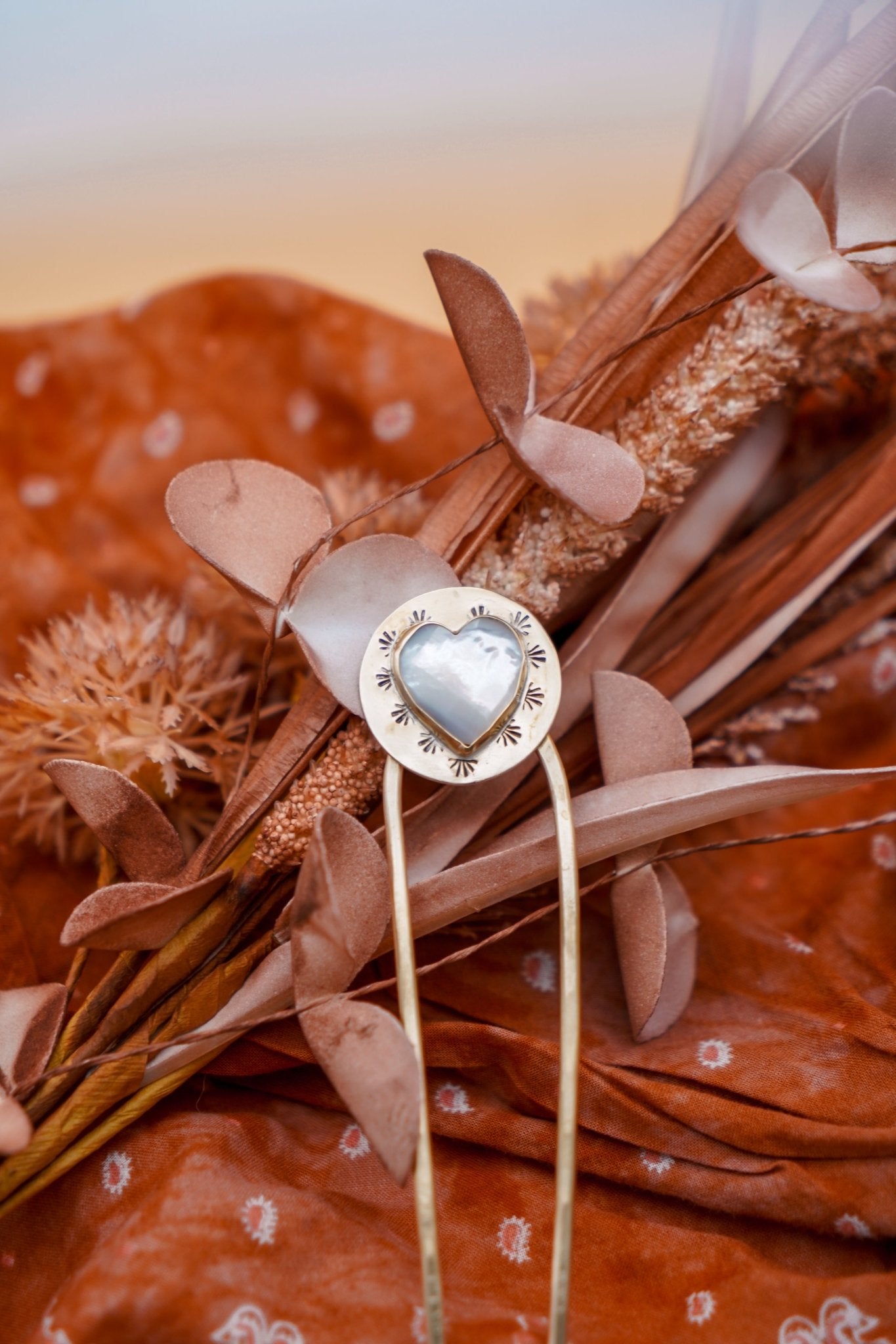 Hair Fork in Mother of Pearl Hearts - Golden Road Crafted