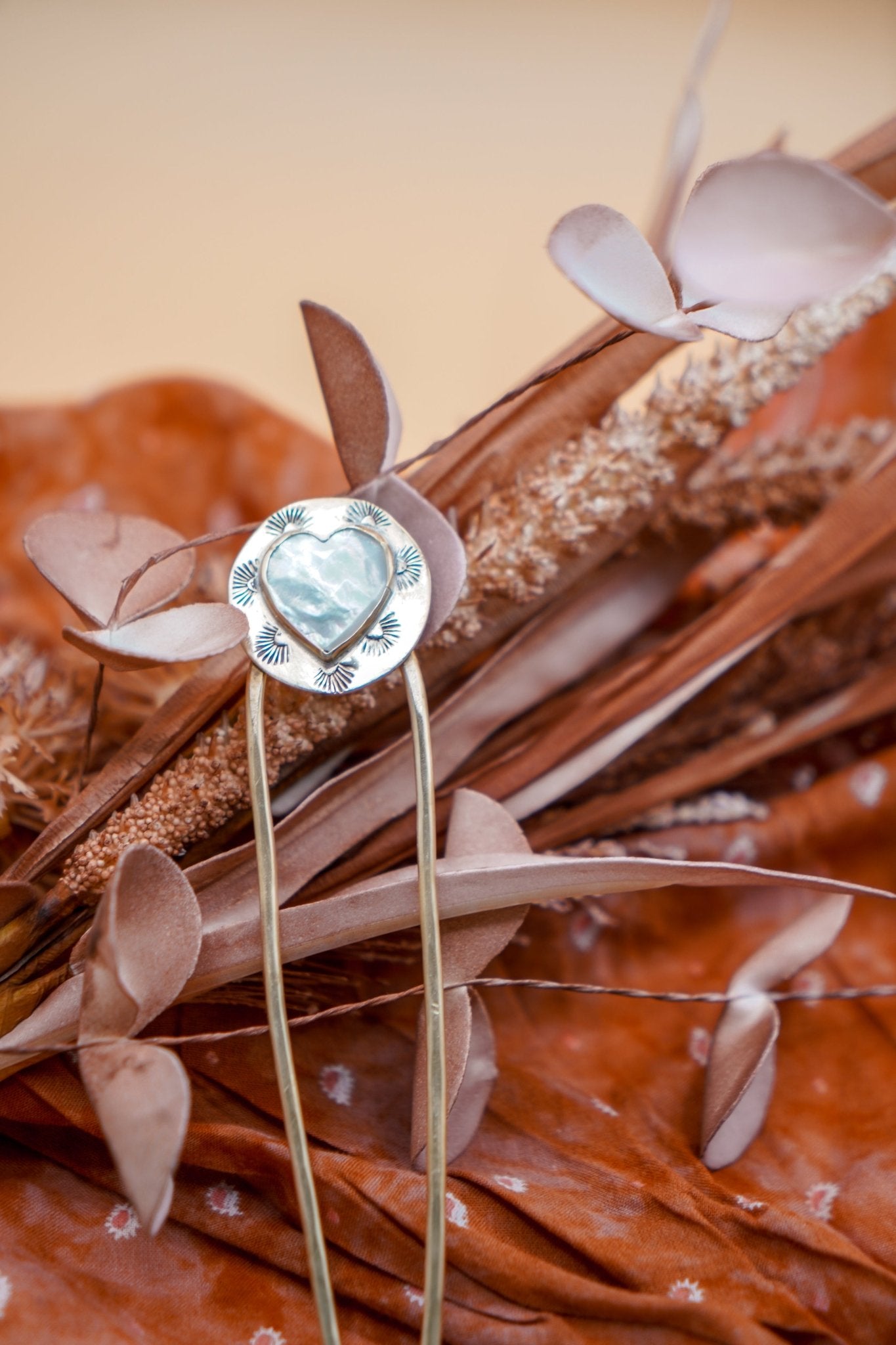 Hair Fork in Mother of Pearl Hearts - Golden Road Crafted