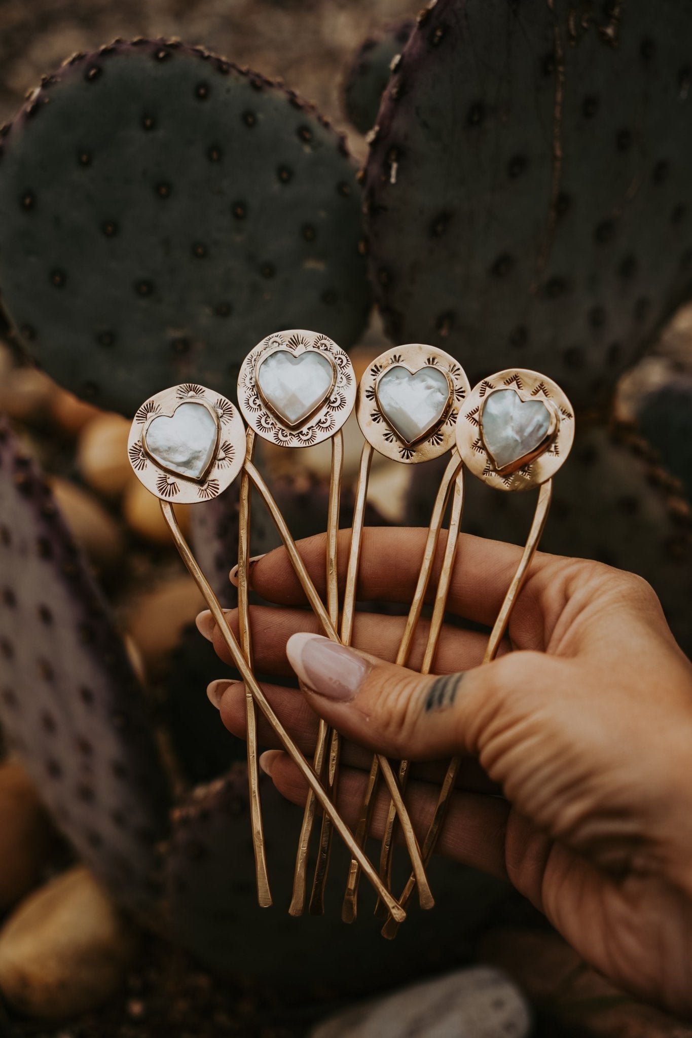Hair Fork in Mother of Pearl Hearts - Golden Road Crafted