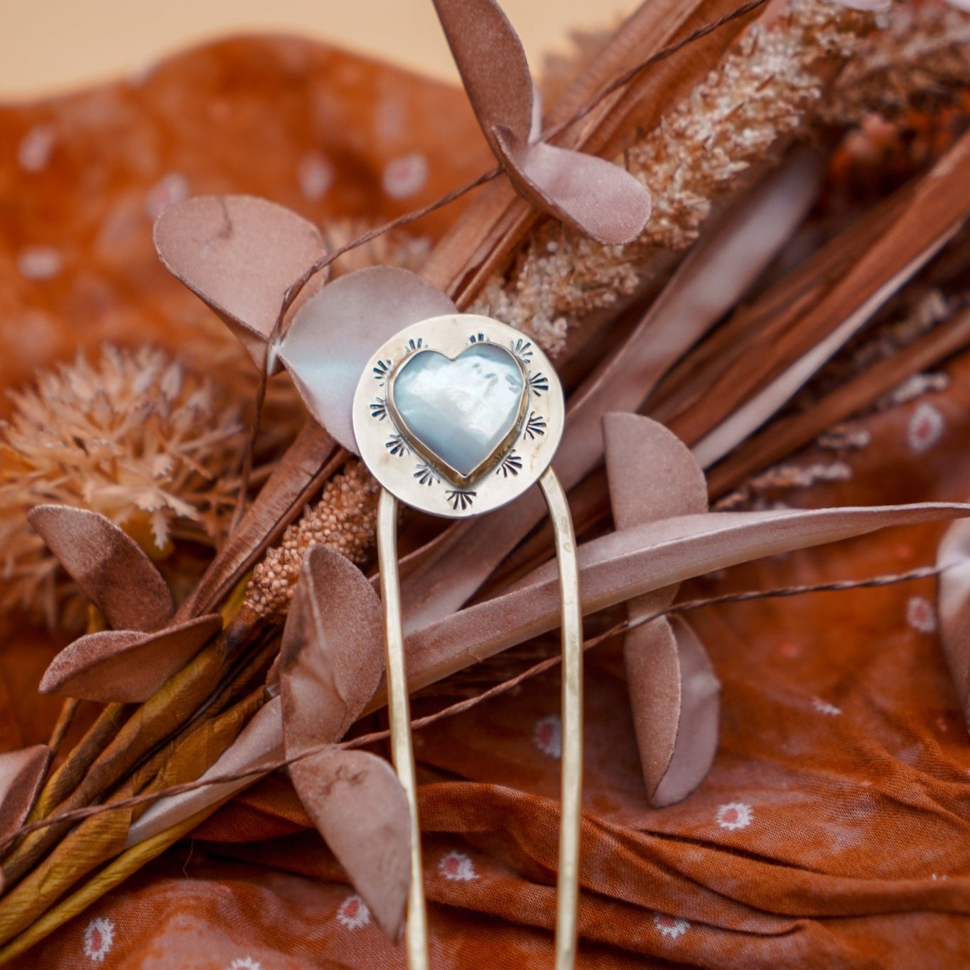 Hair Fork in Mother of Pearl Hearts - Golden Road Crafted