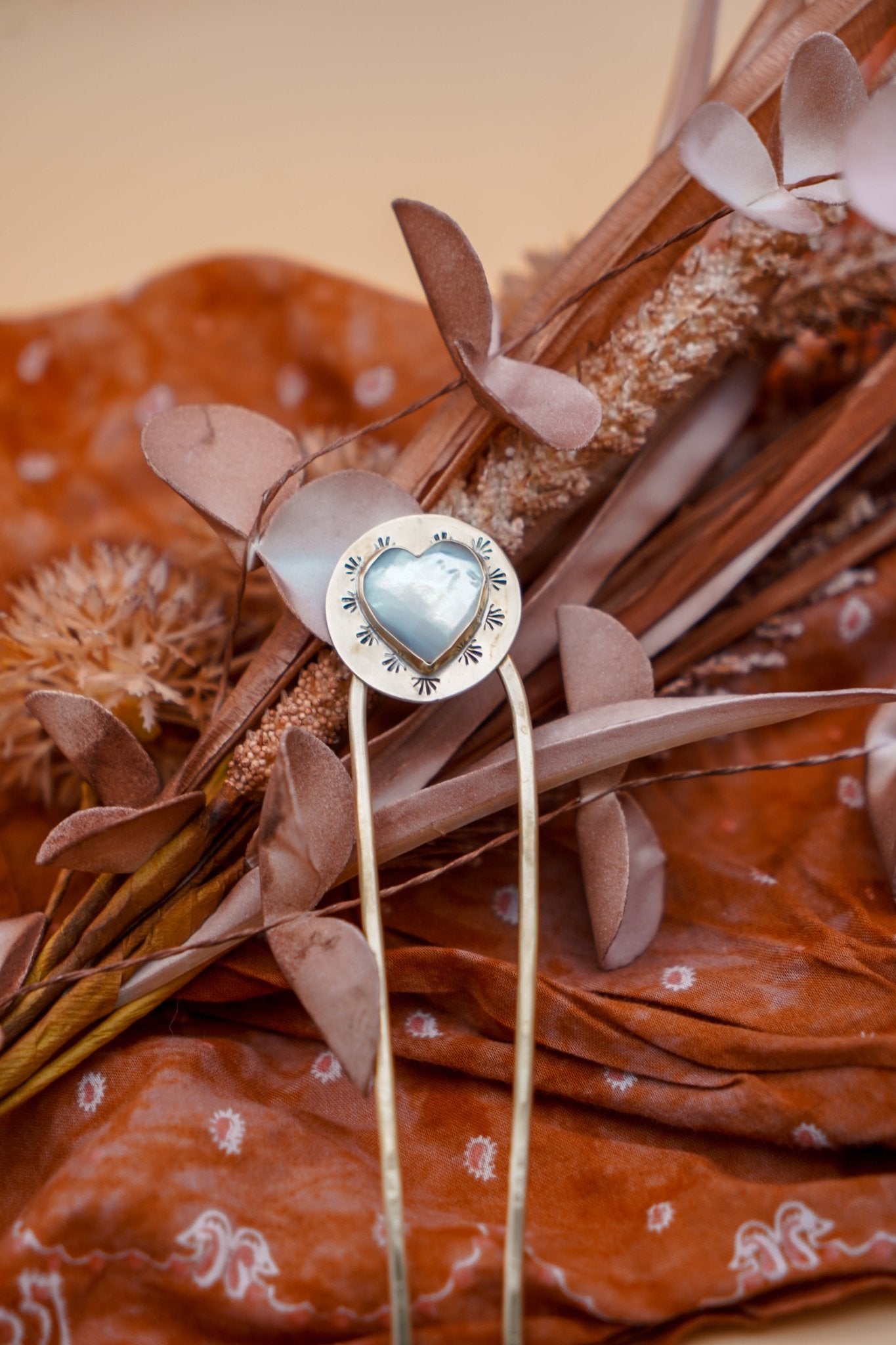 Hair Fork in Mother of Pearl Hearts - Golden Road Crafted