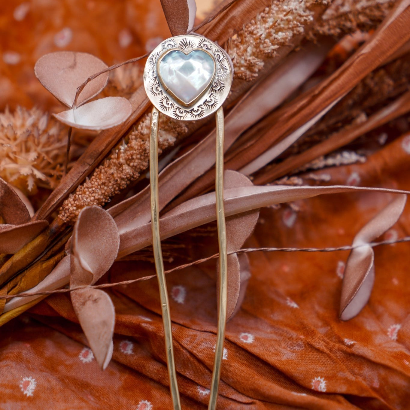 Hair Fork in Mother of Pearl Hearts - Golden Road Crafted