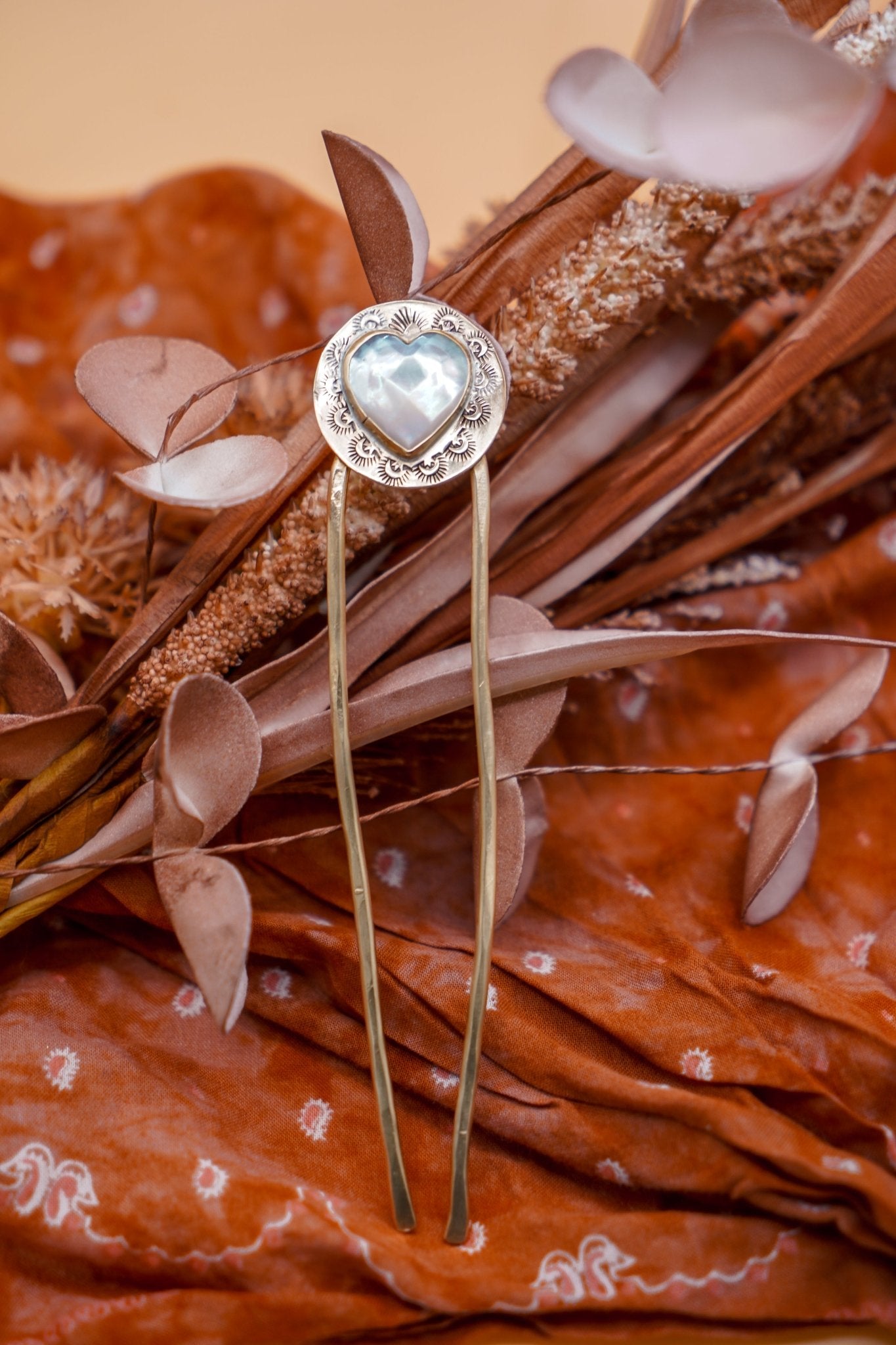 Hair Fork in Mother of Pearl Hearts - Golden Road Crafted