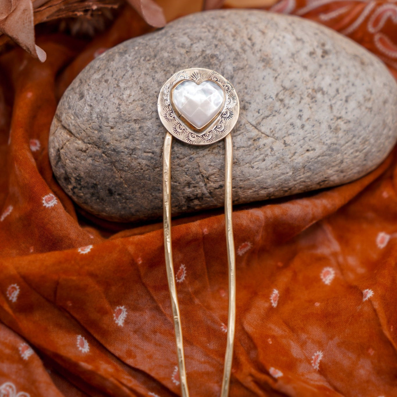 Hair Fork in Mother of Pearl Hearts - Golden Road Crafted