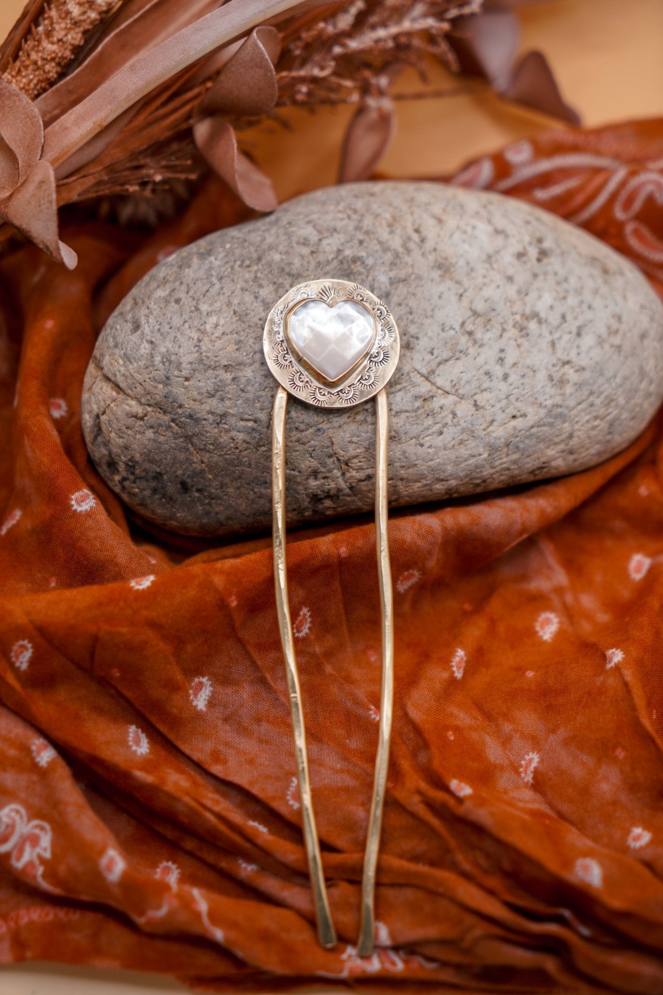 Hair Fork in Mother of Pearl Hearts - Golden Road Crafted