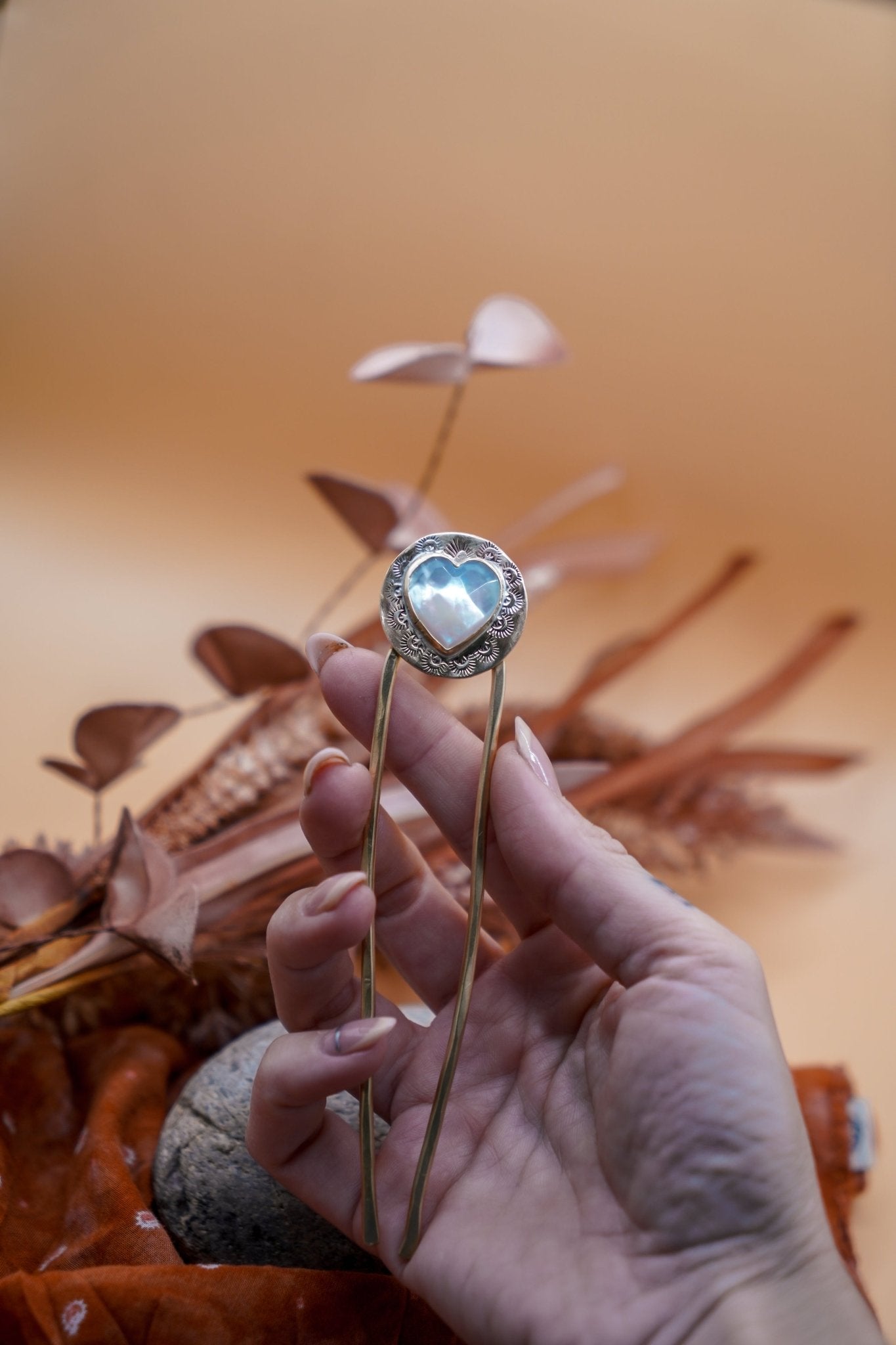 Hair Fork in Mother of Pearl Hearts - Golden Road Crafted