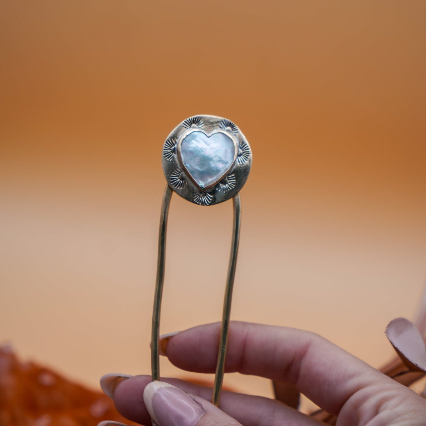 Hair Fork in Mother of Pearl Hearts - Golden Road Crafted