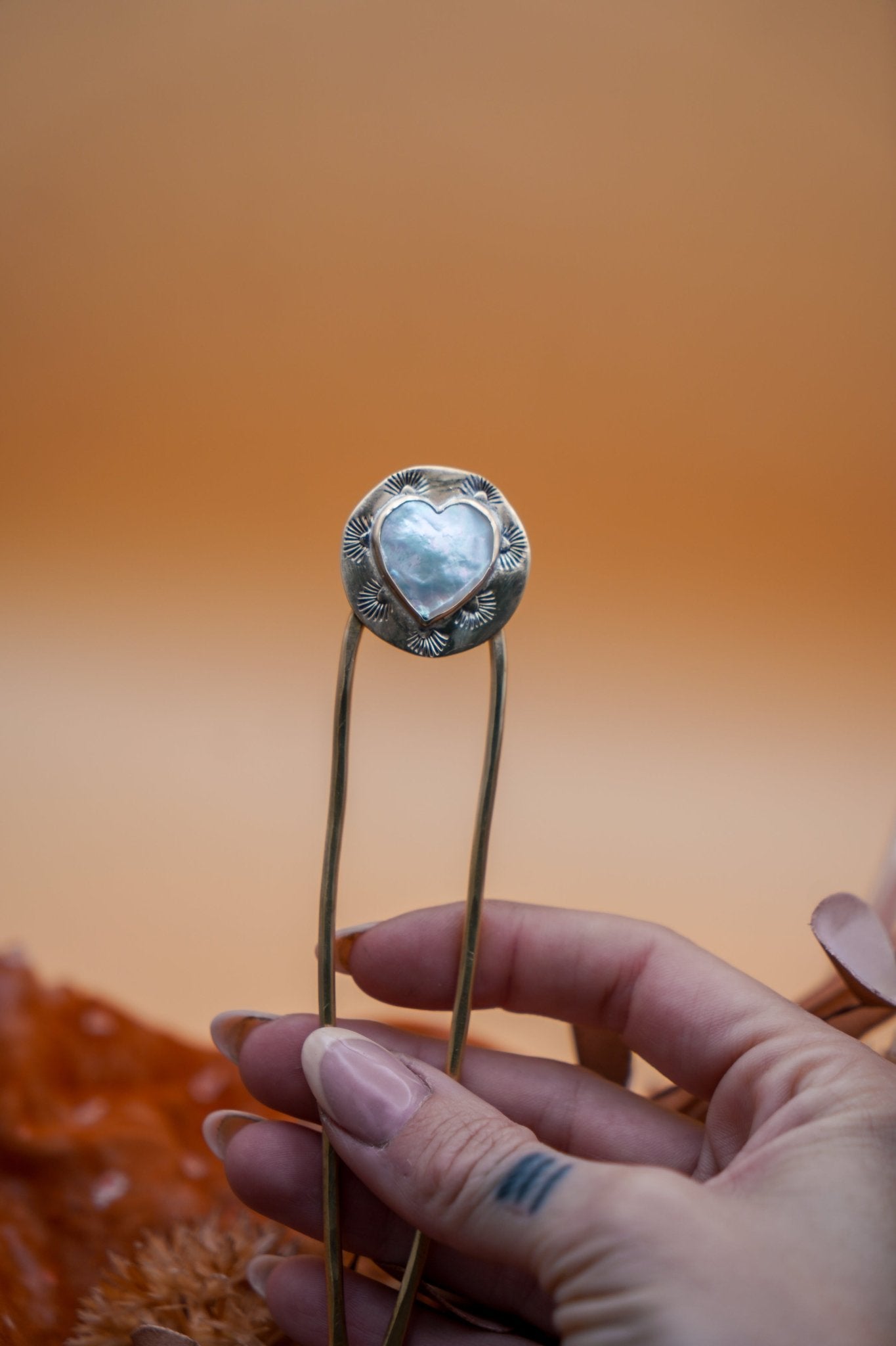 Hair Fork in Mother of Pearl Hearts - Golden Road Crafted