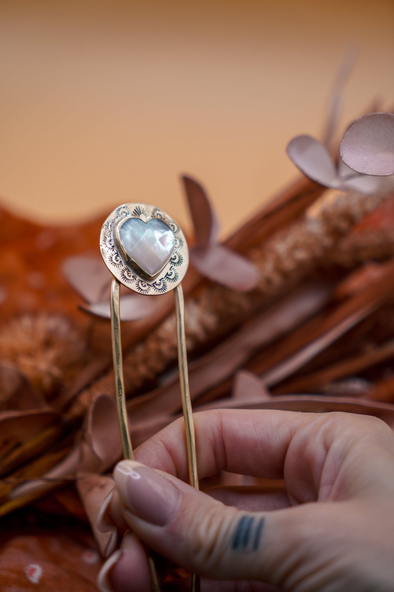 Hair Fork in Mother of Pearl Hearts - Golden Road Crafted