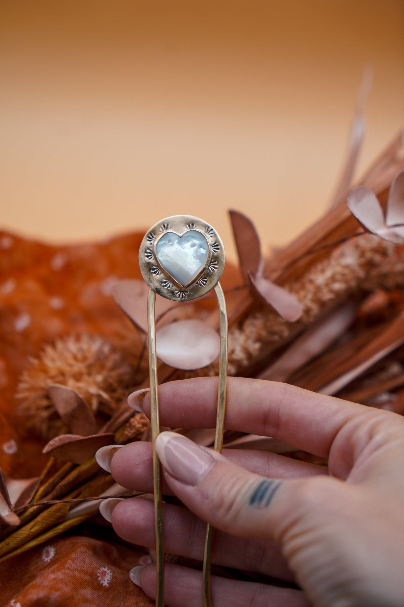 Hair Fork in Mother of Pearl Hearts - Golden Road Crafted