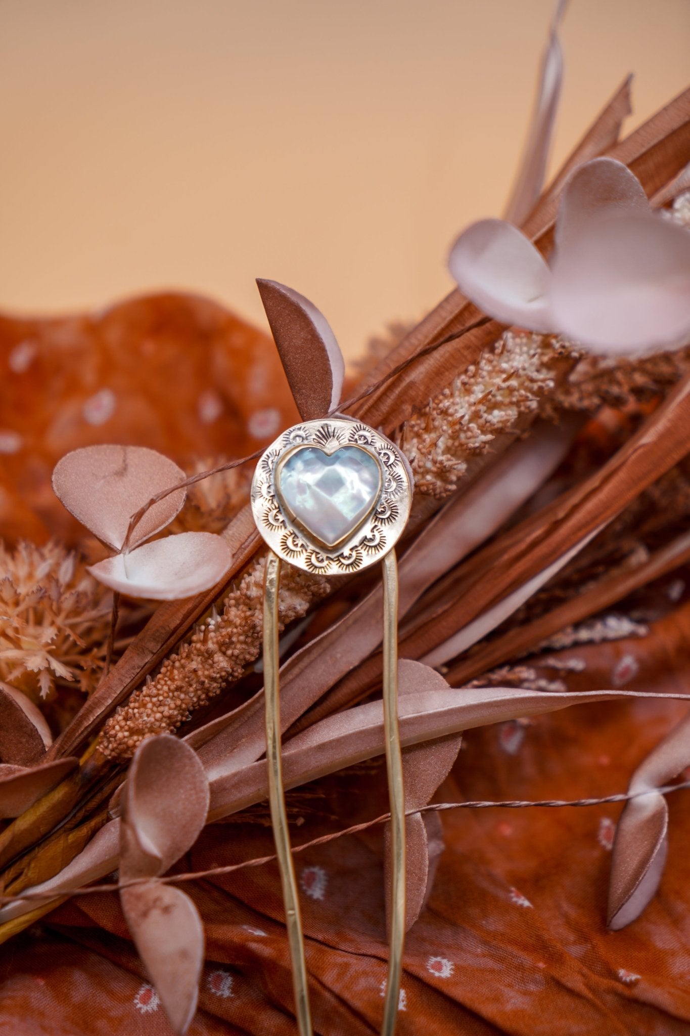 Hair Fork in Mother of Pearl Hearts - Golden Road Crafted
