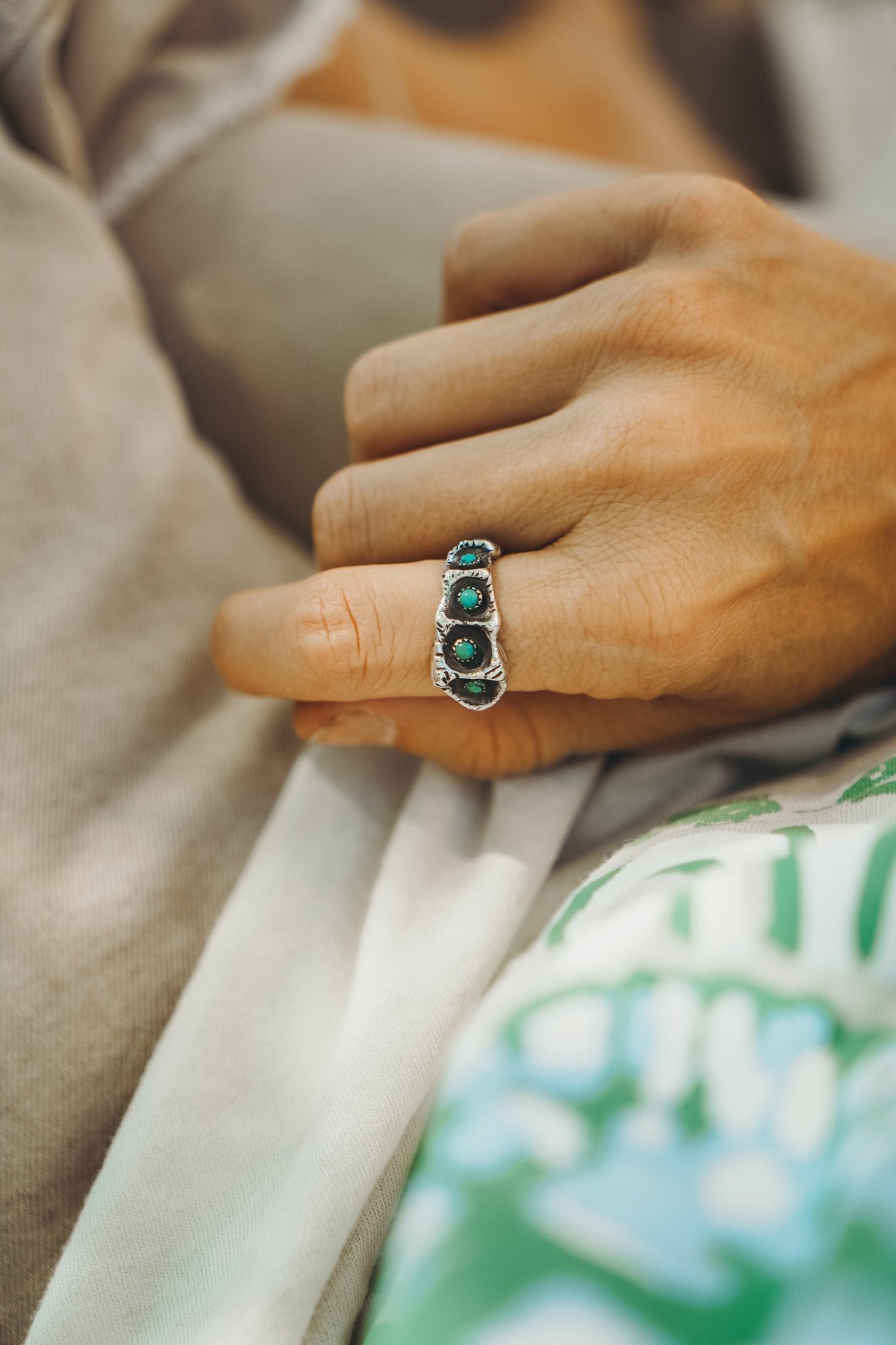 Hand - carved Ring with Hubei Turquoise (Size 7.25) - Golden Road Crafted