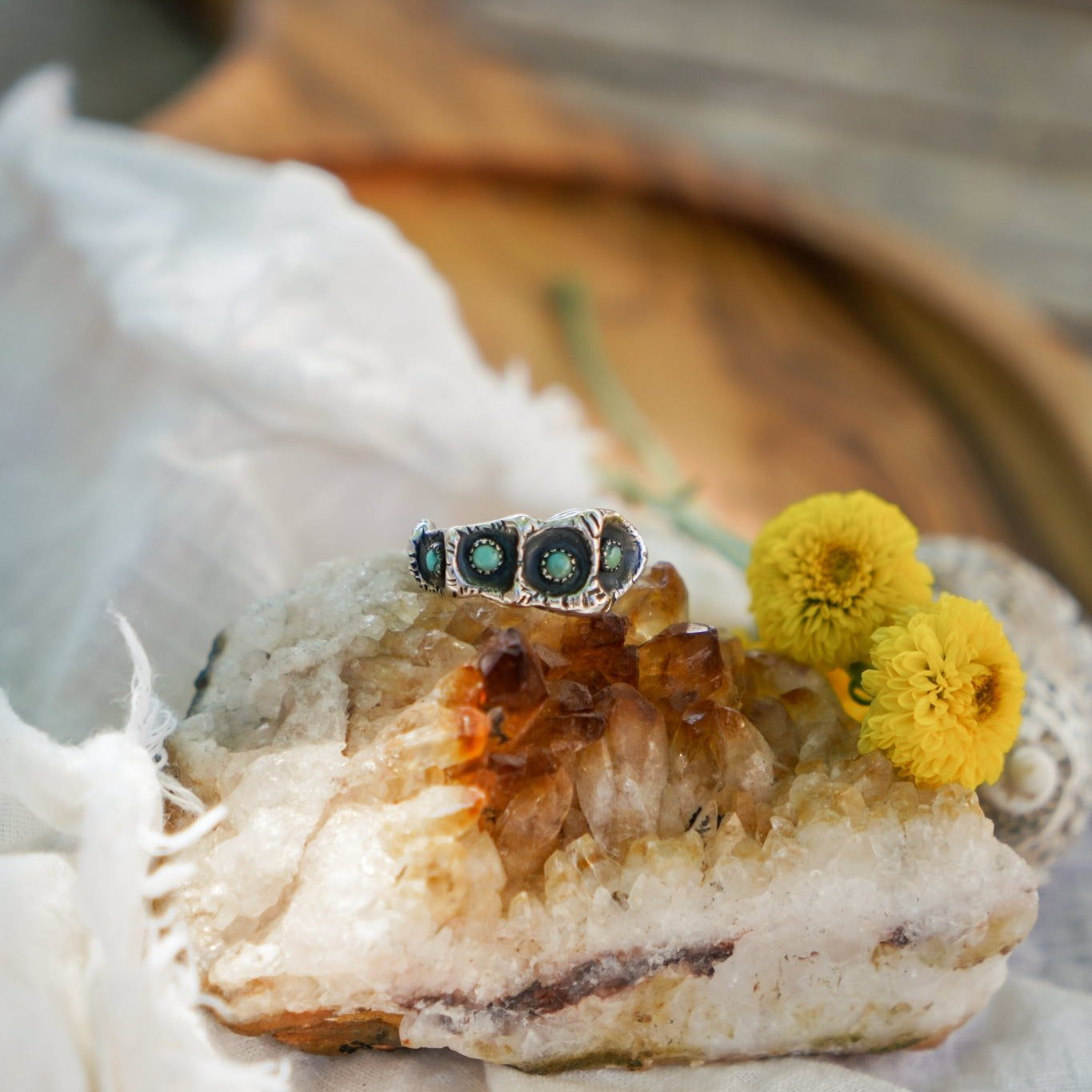 Hand - carved Ring with Hubei Turquoise (Size 7.25) - Golden Road Crafted