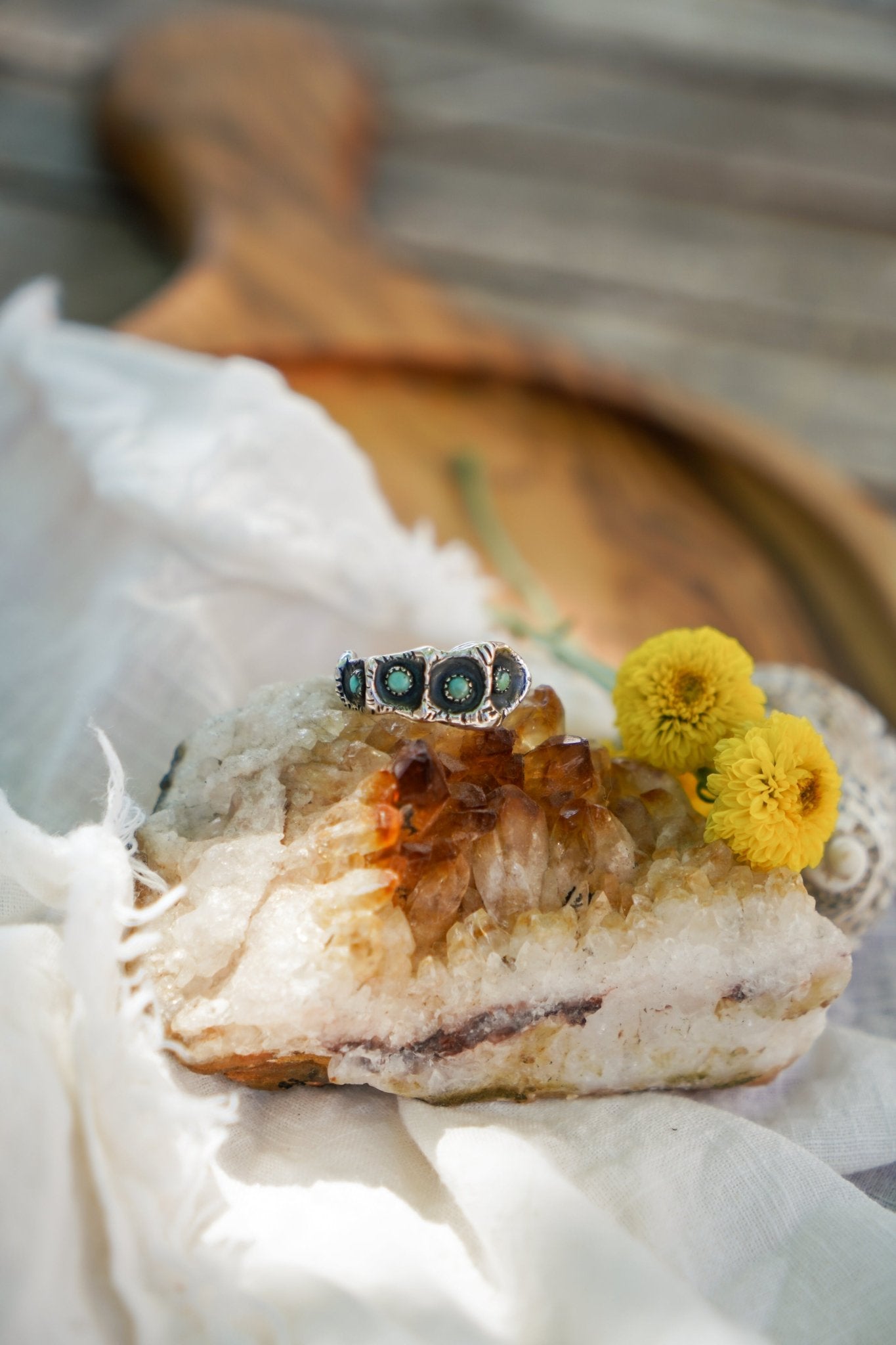 Hand - carved Ring with Hubei Turquoise (Size 7.25) - Golden Road Crafted