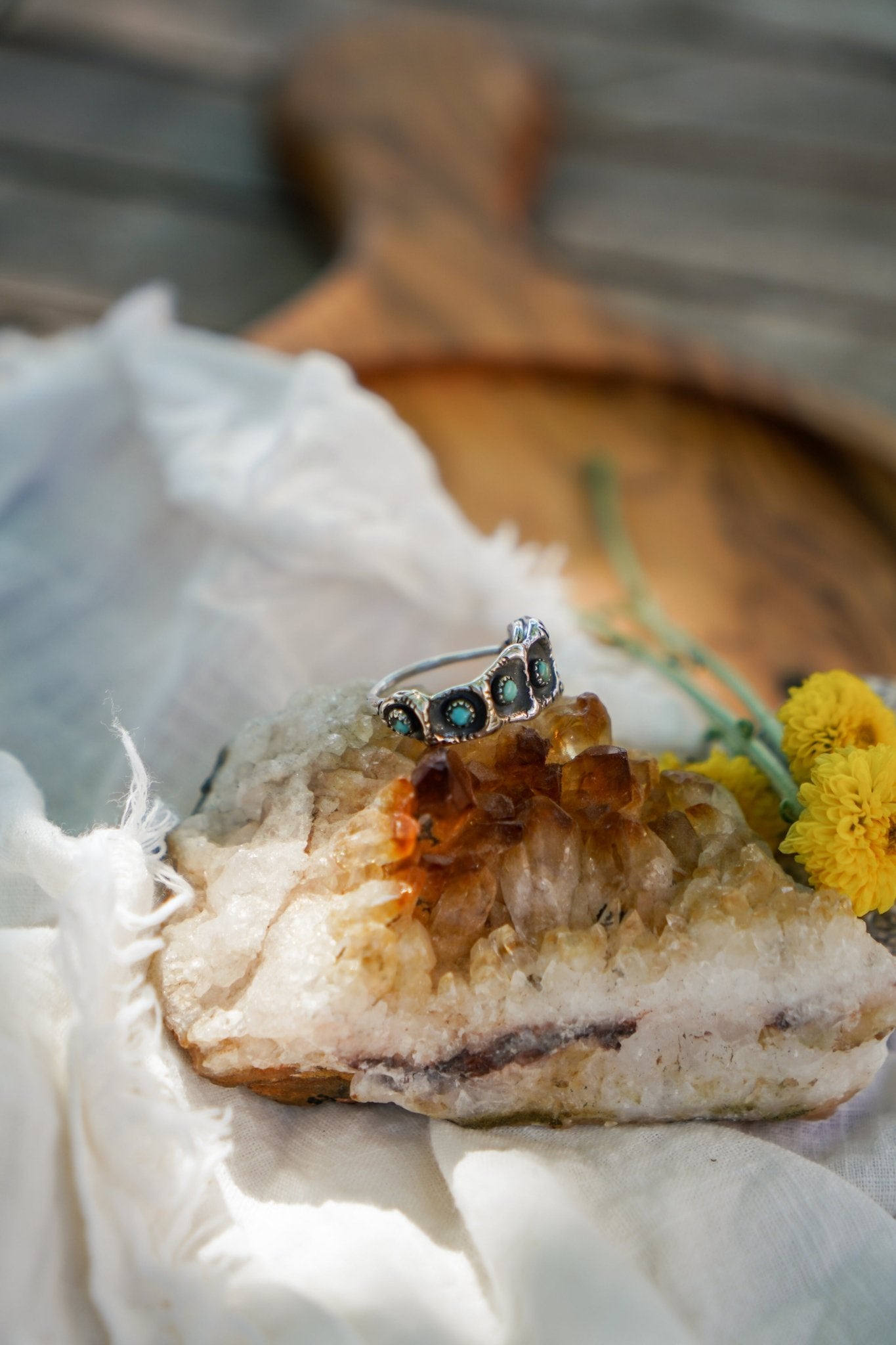 Hand - carved Ring with Hubei Turquoise (Size 7.25) - Golden Road Crafted