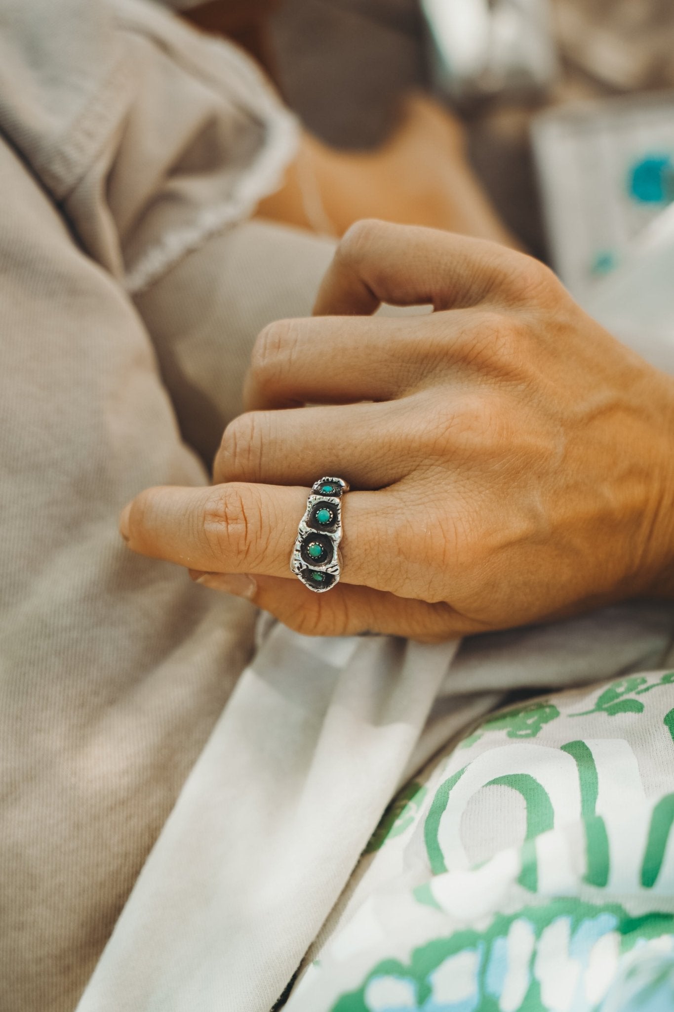 Hand - carved Ring with Hubei Turquoise (Size 7.25) - Golden Road Crafted