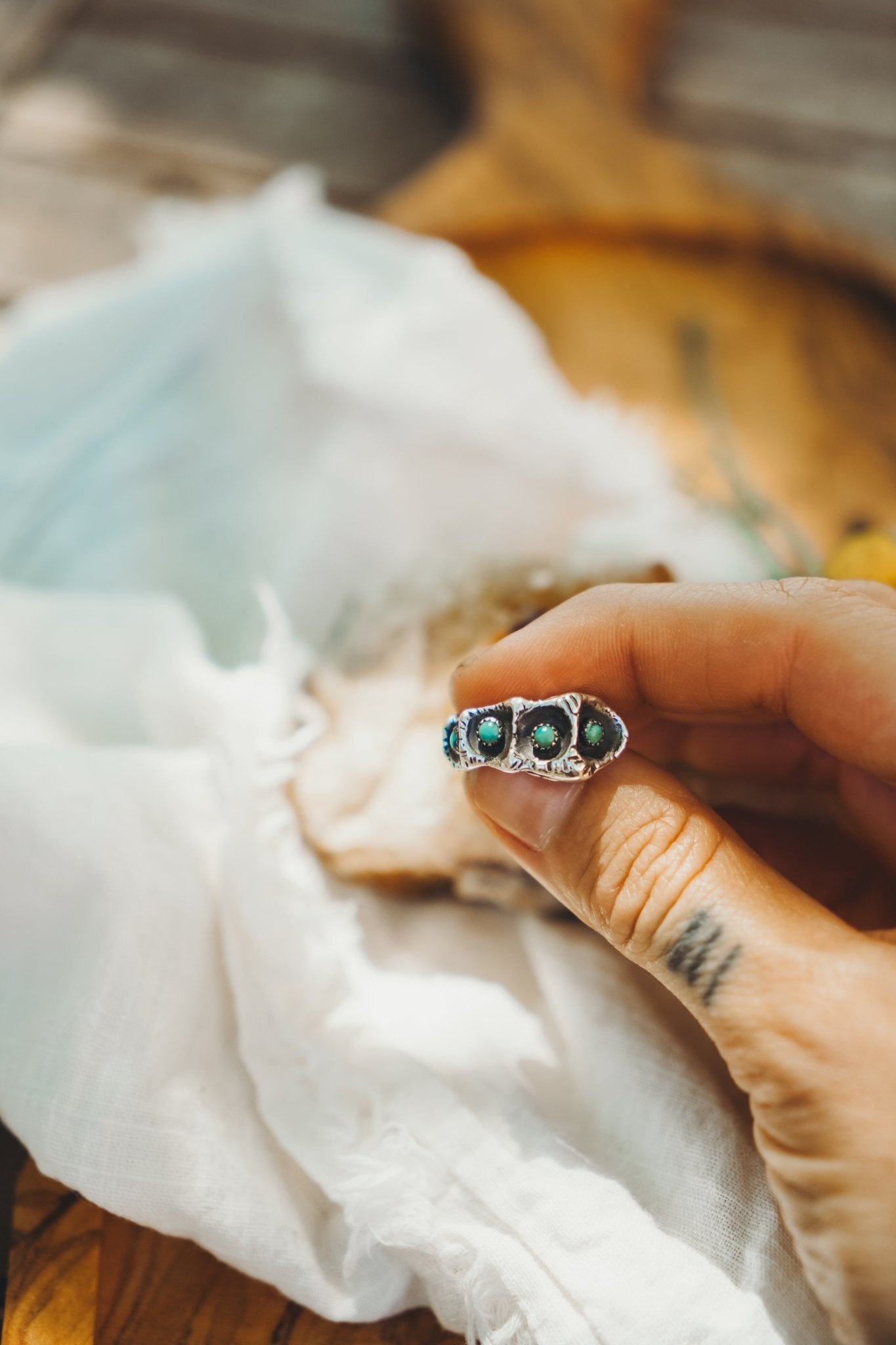 Hand - carved Ring with Hubei Turquoise (Size 7.25) - Golden Road Crafted