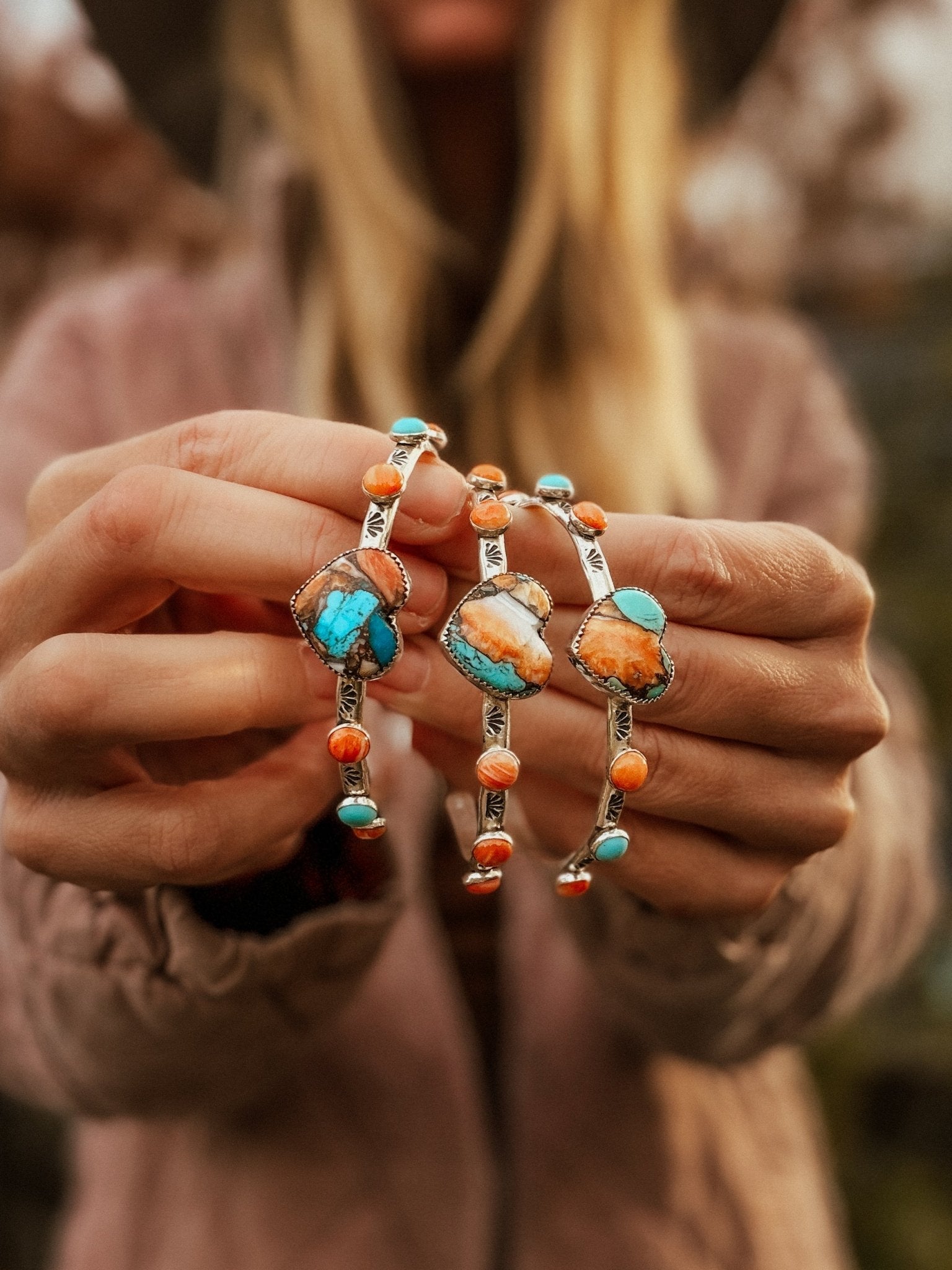 Heart Cuff in Spiny Oyster, Kingman, & Lone Mtn Turquoise - Golden Road Crafted