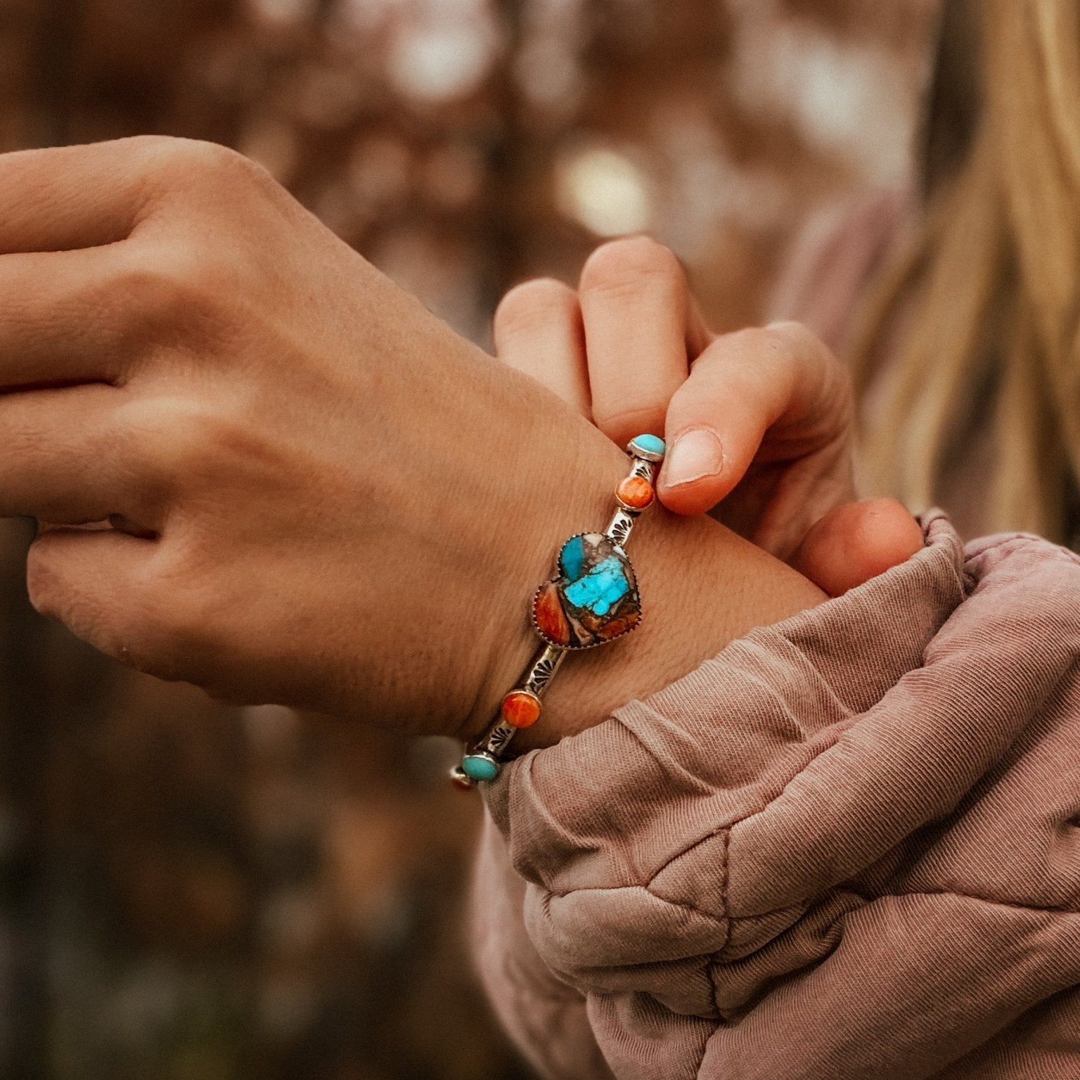 Heart Cuff in Spiny Oyster, Kingman, & Lone Mtn Turquoise - Golden Road Crafted